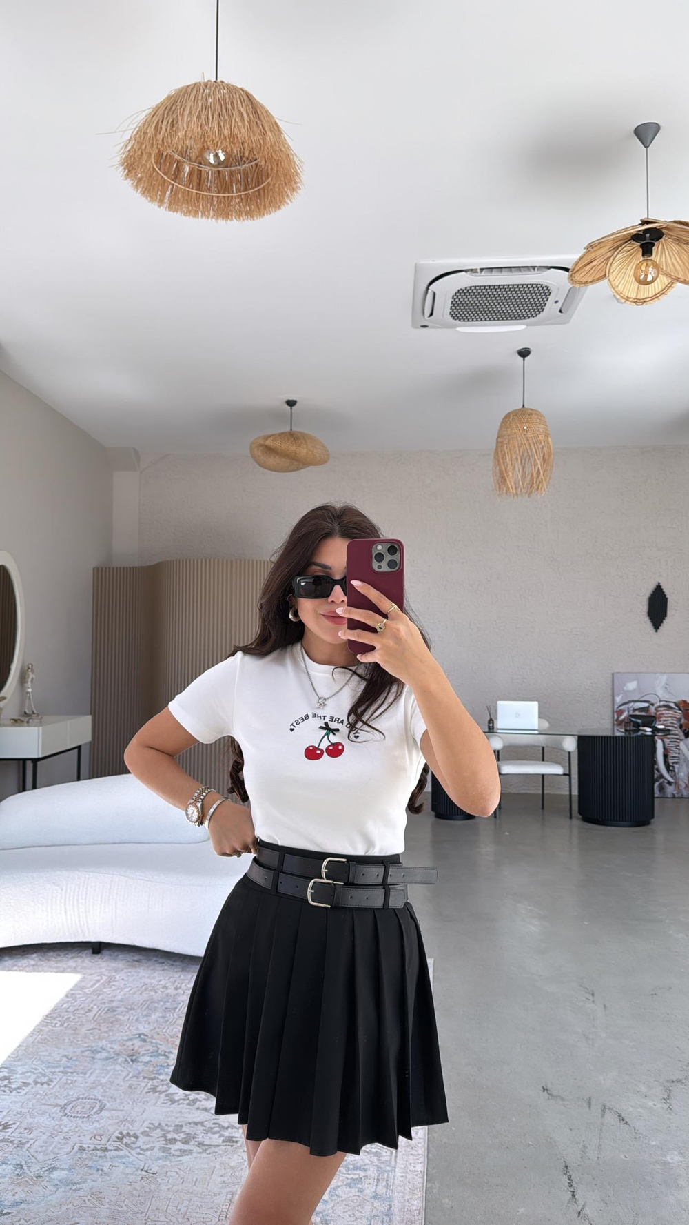 Siyah Çift Kemerli Piliseli Mini Etek
