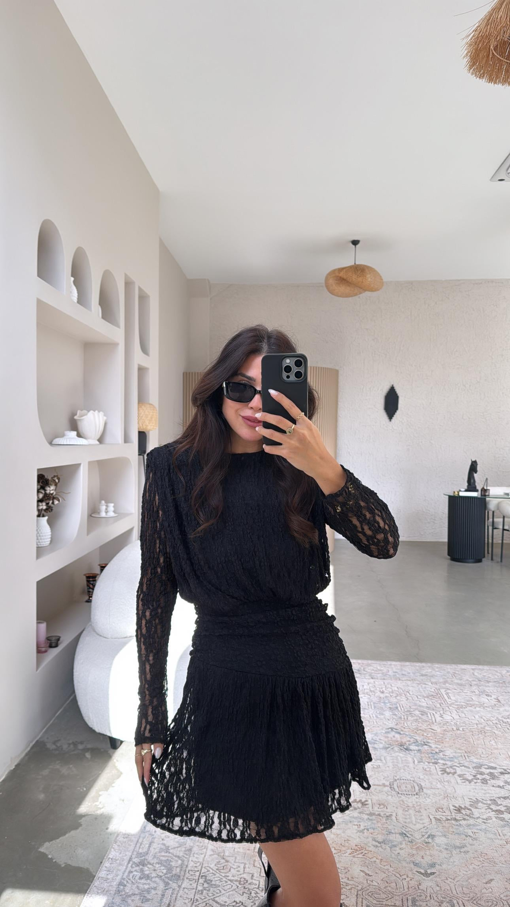 Siyah Drape Detaylı Dantel Elbise