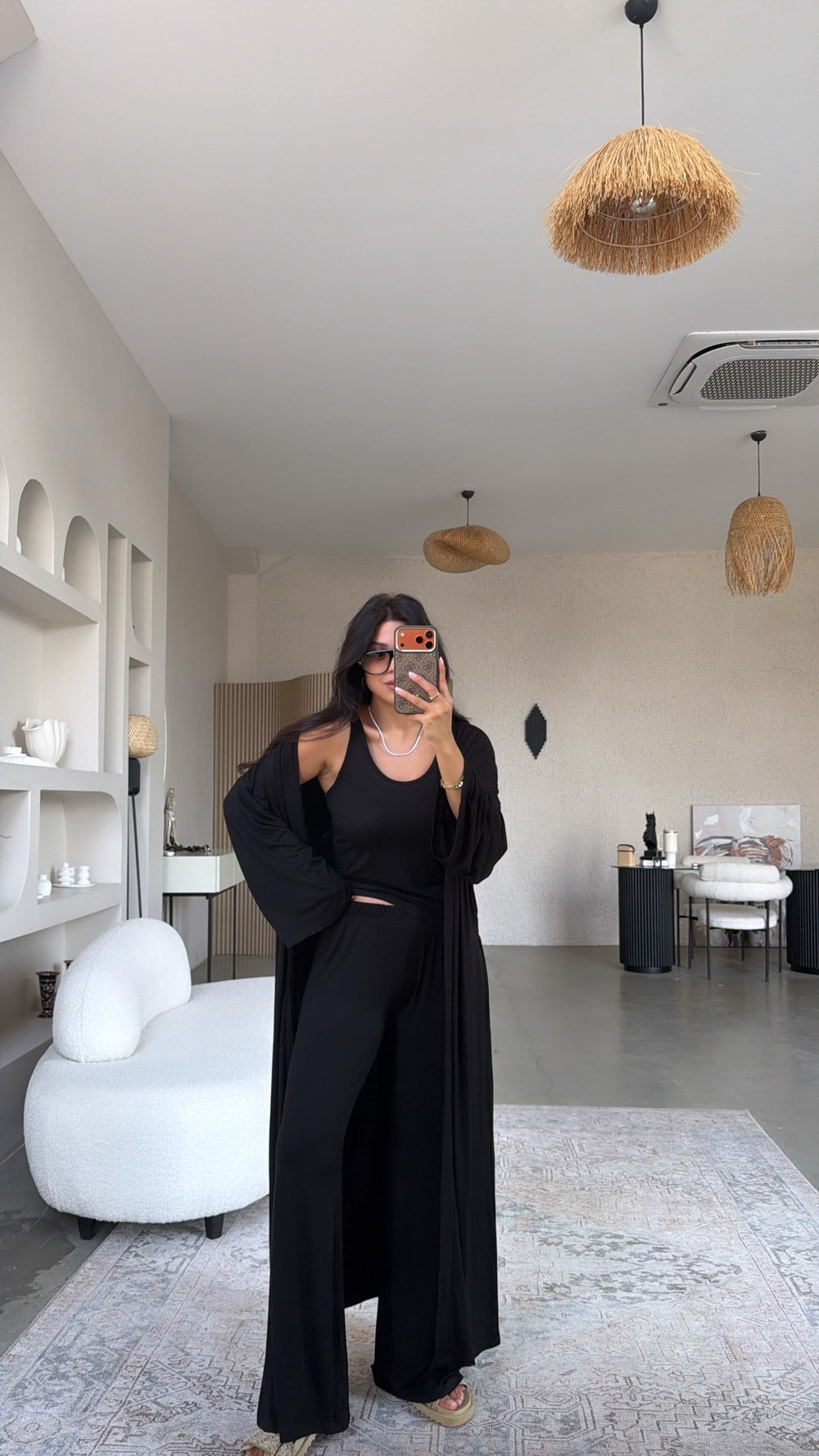 Siyah İnce Modal Üçlü Kimono Atlet Pantolon Takım