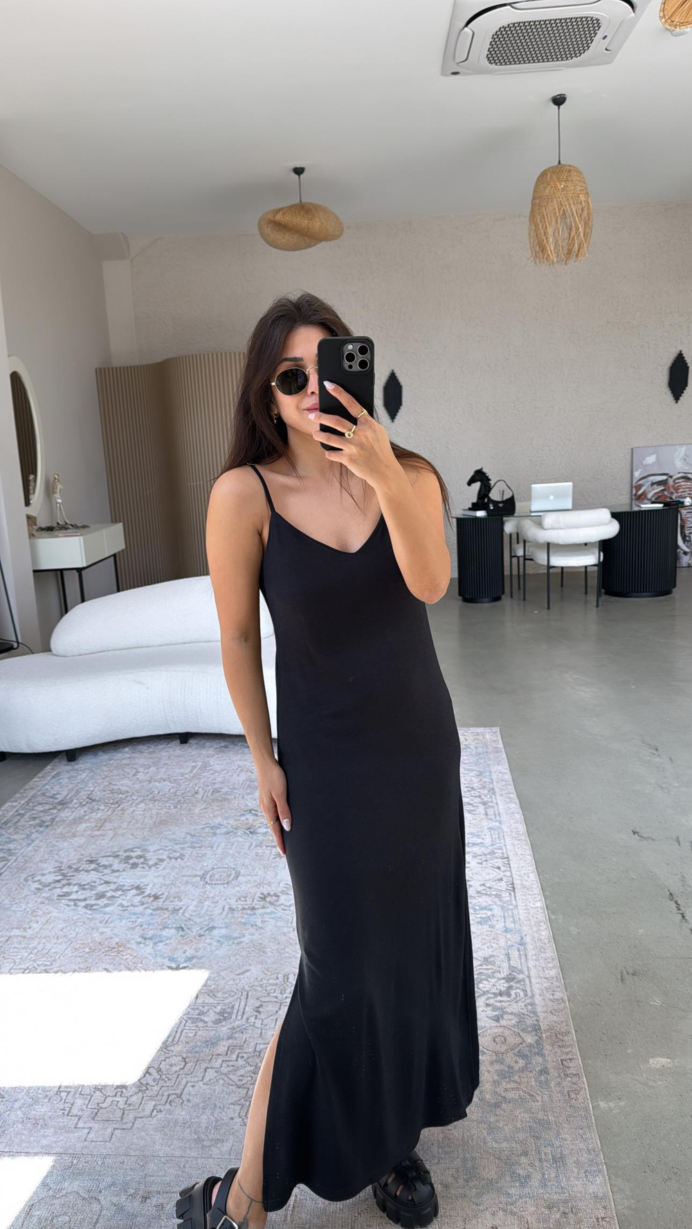 Siyah İp Askı Pike Modal Elbise