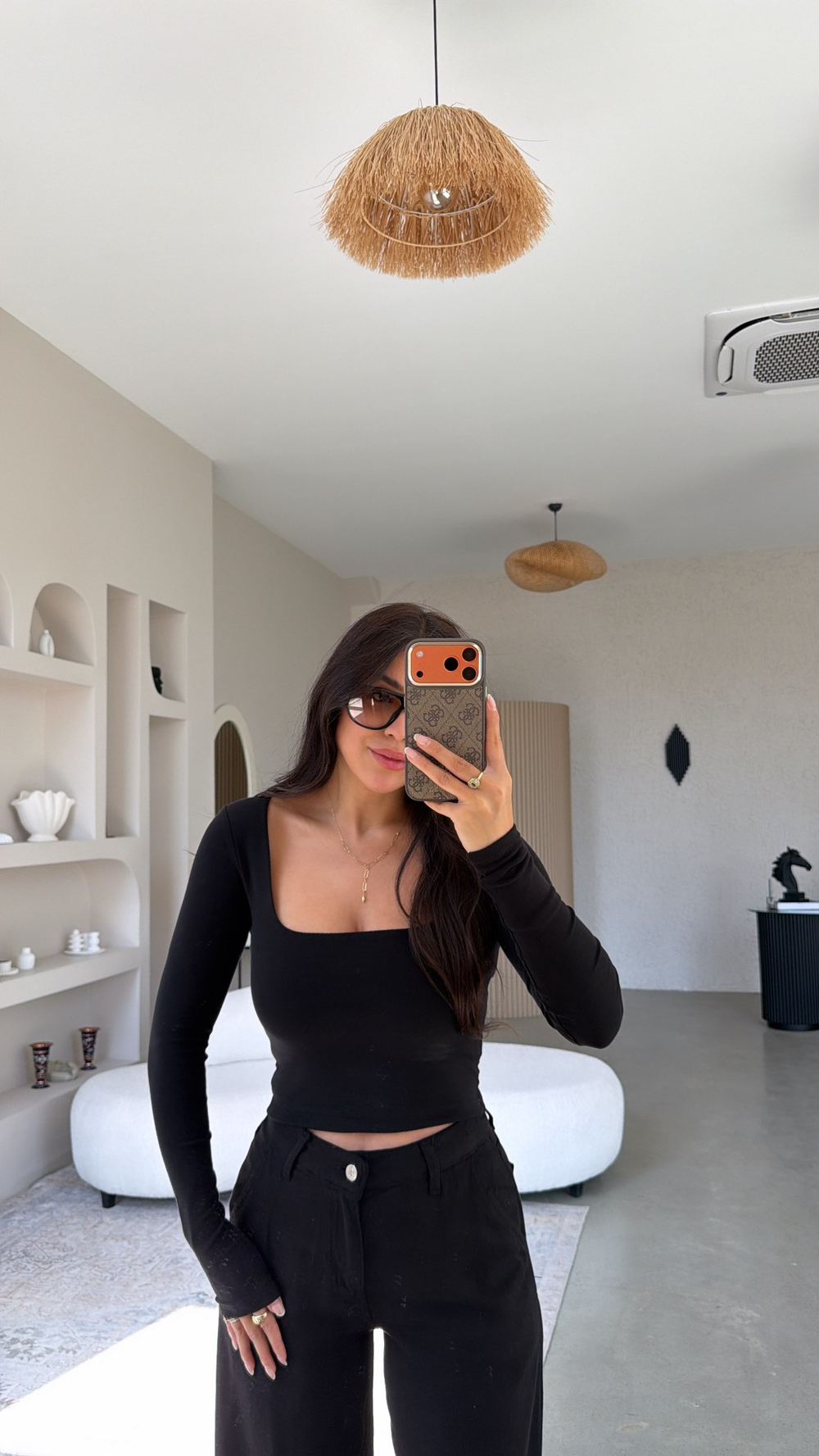 Siyah Kare Yaka Crop Pamuklu Uzun Kollu Basic