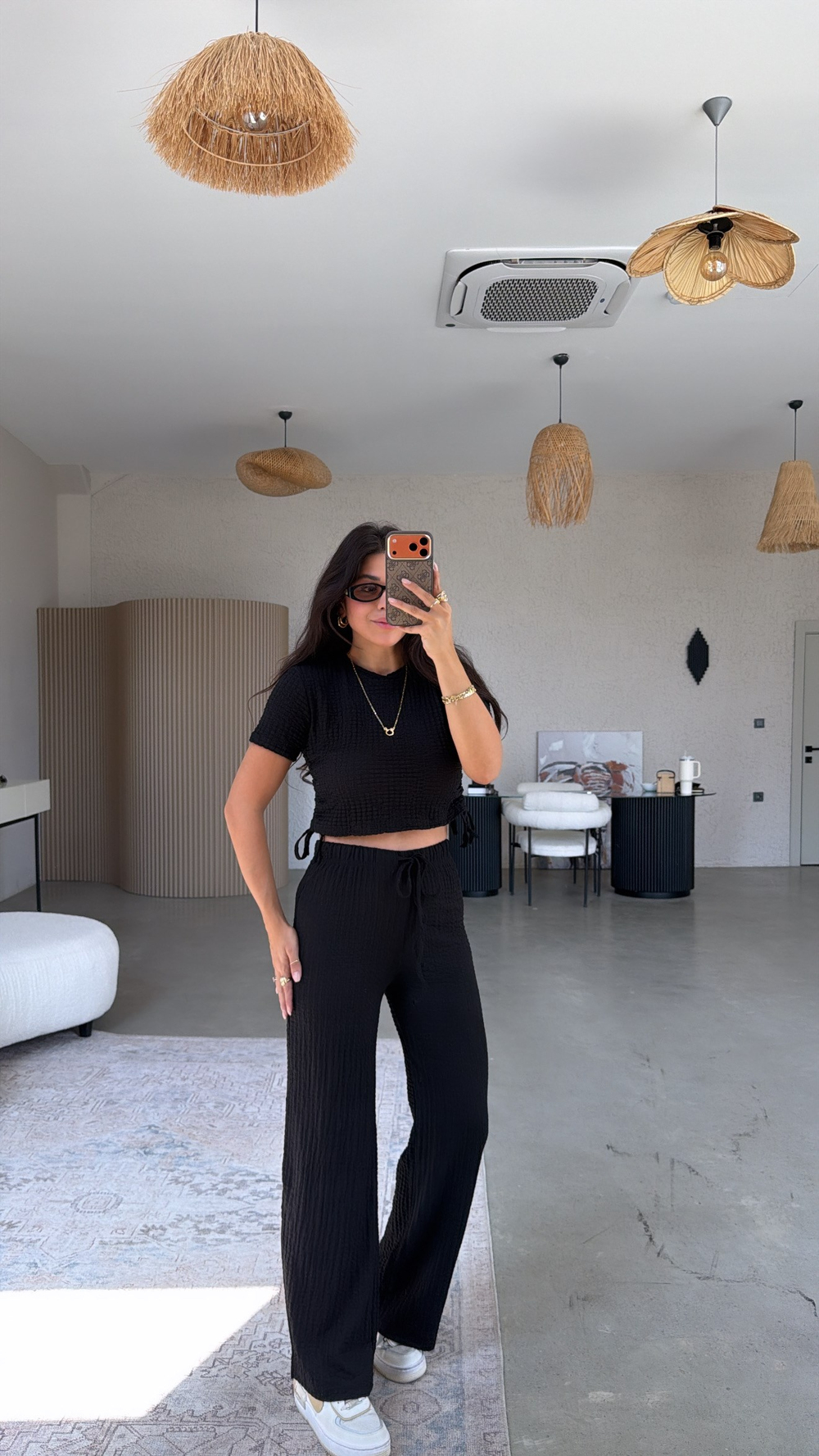 Siyah Kenarları Bağlamalı Bubble Tshirt Pantolon Takım