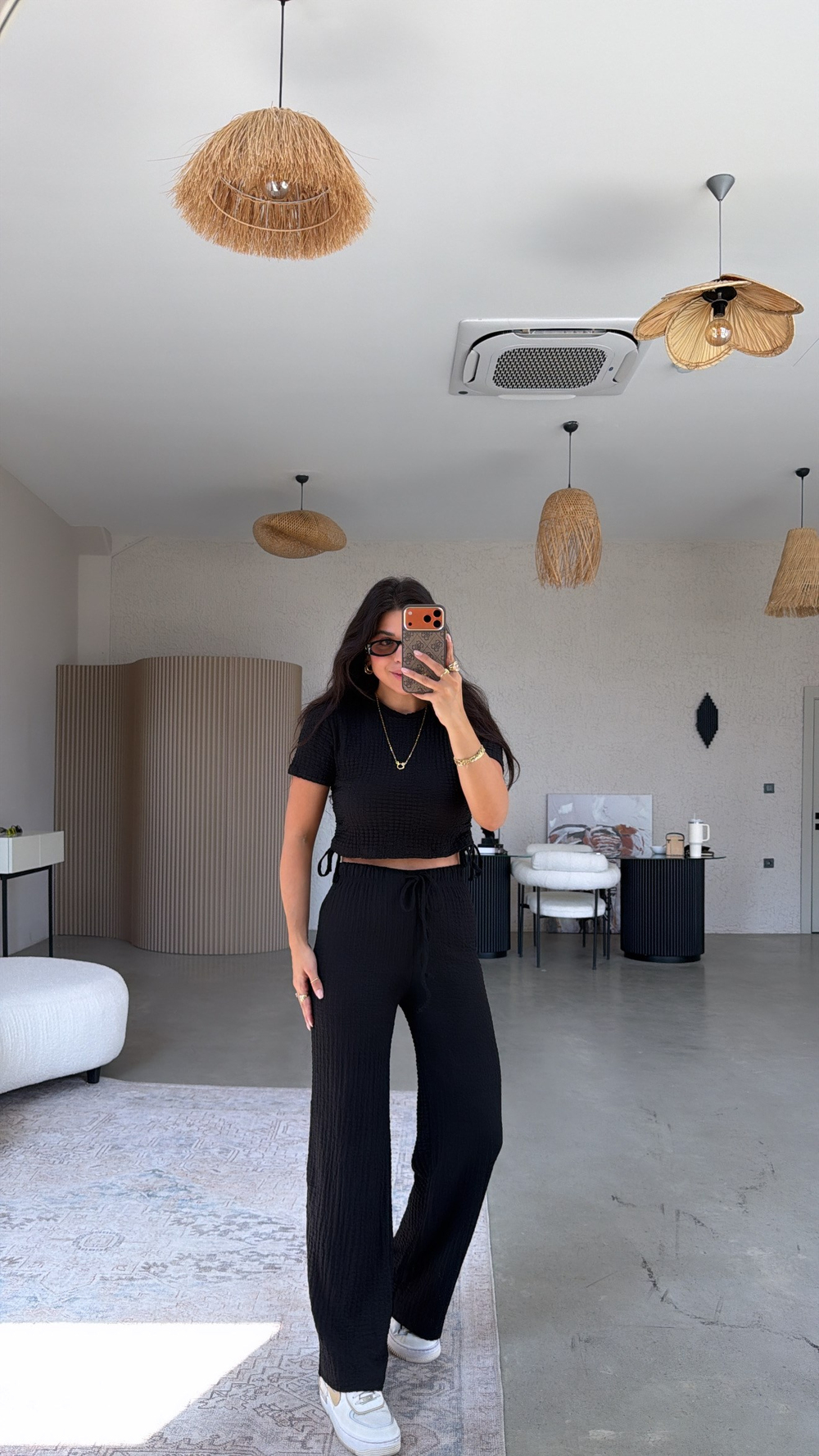 Siyah Kenarları Bağlamalı Bubble Tshirt Pantolon Takım