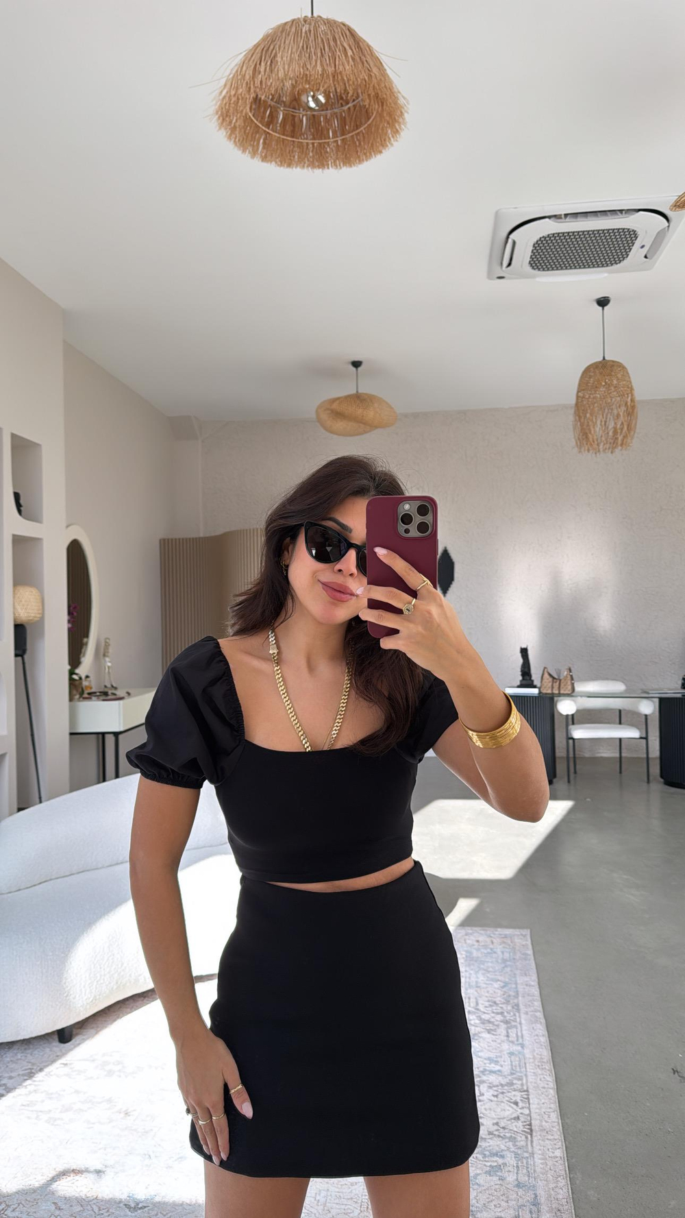 Siyah Kolları Balon Poplin Detaylı Bluz