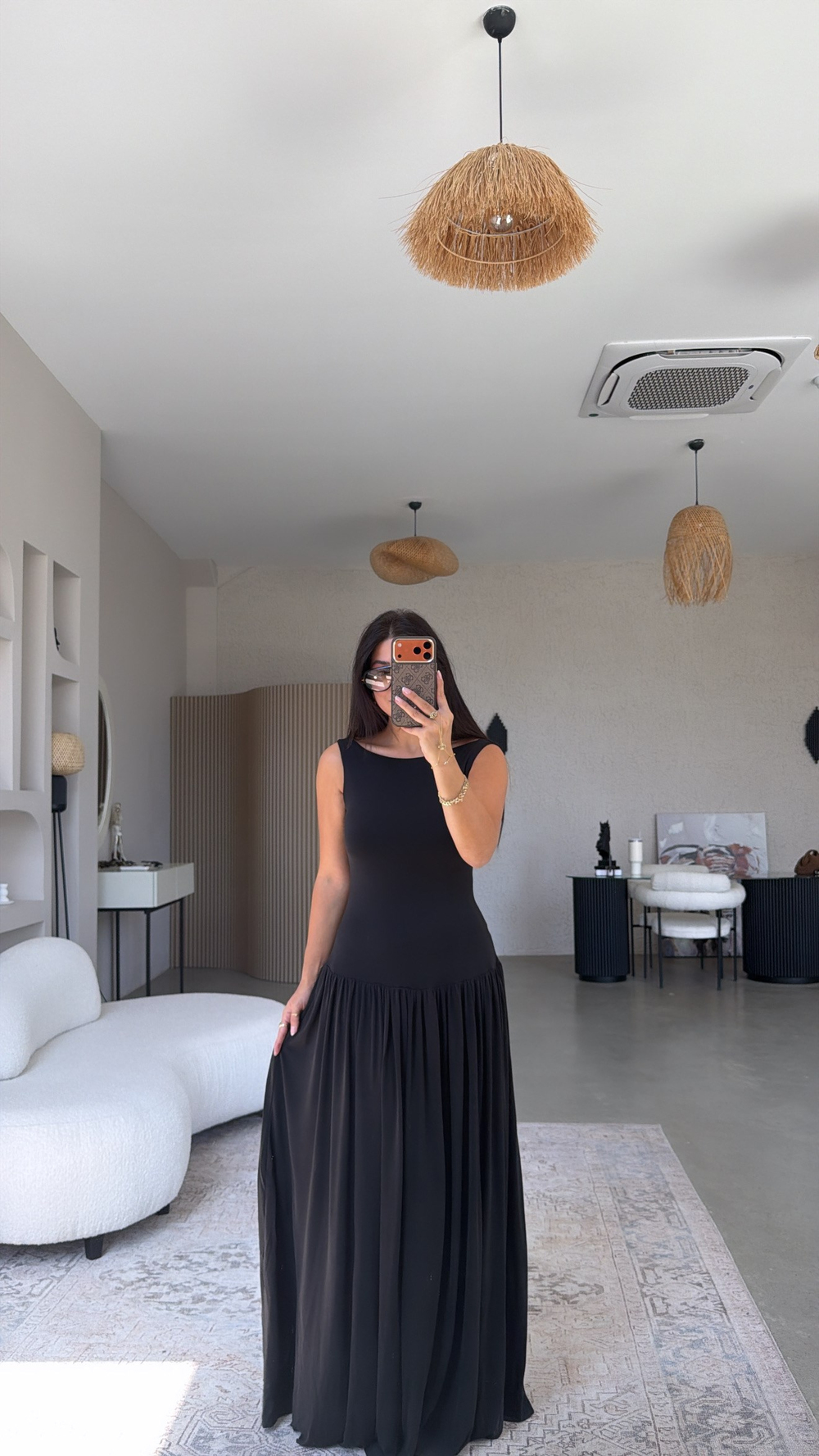 Siyah Modal Sırt Dekolteli Maxi Elbise