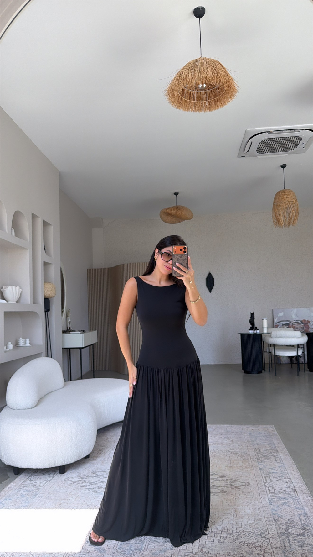 Siyah Modal Sırt Dekolteli Maxi Elbise