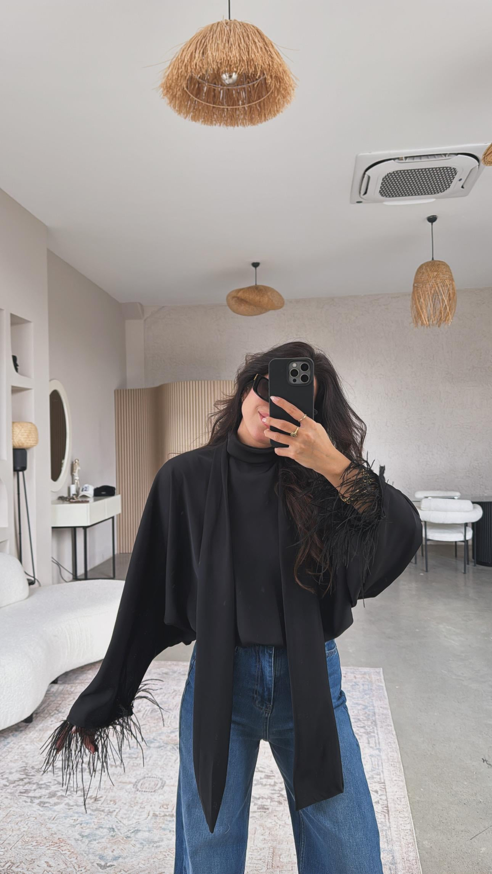 Siyah Otrişli Saten Bluz