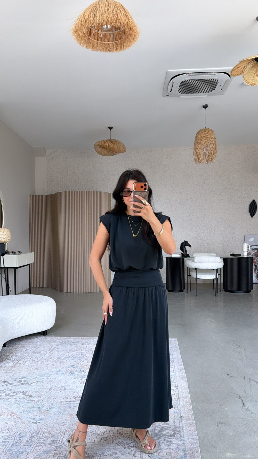 Siyah Pike Modal Drape Etek Bluz Takım