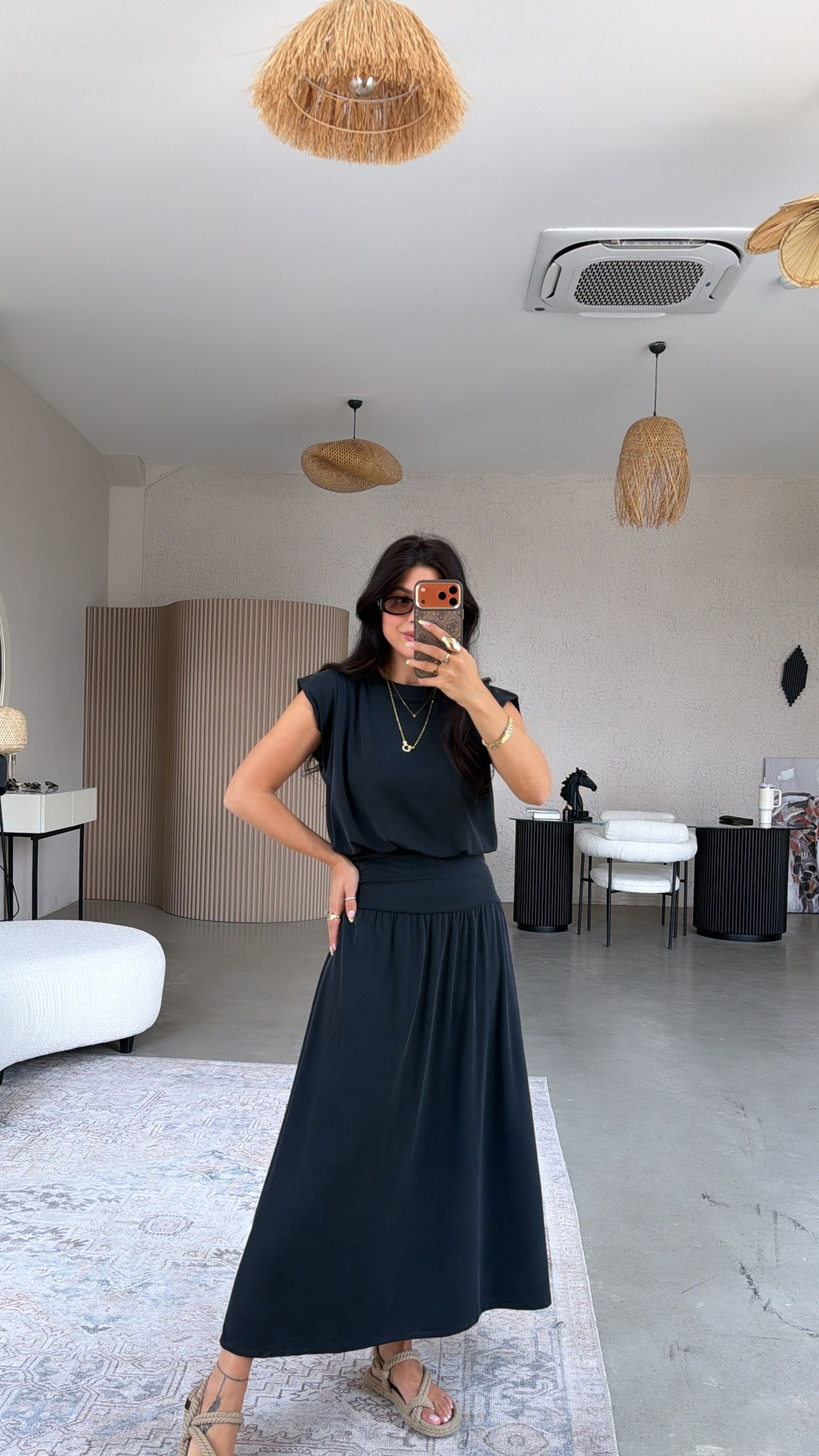 Siyah Pike Modal Drape Etek Bluz Takım