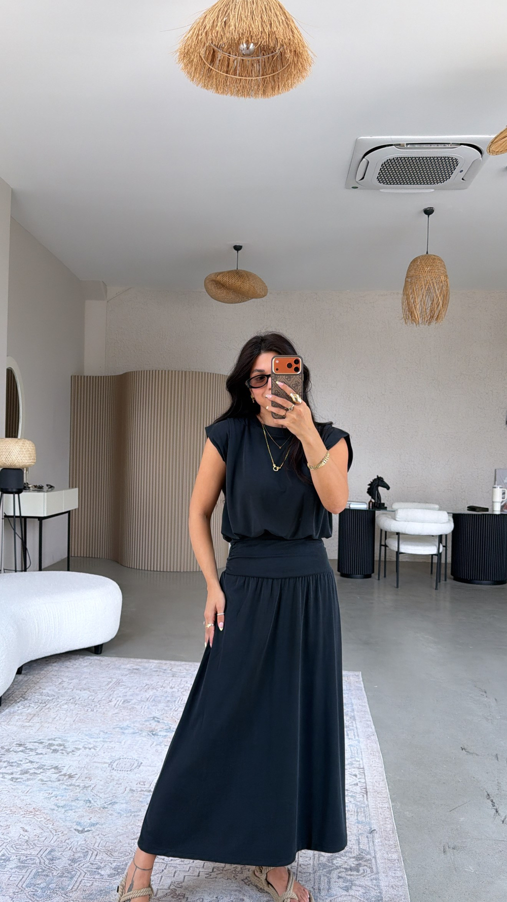 Siyah Pike Modal Drape Etek Bluz Takım