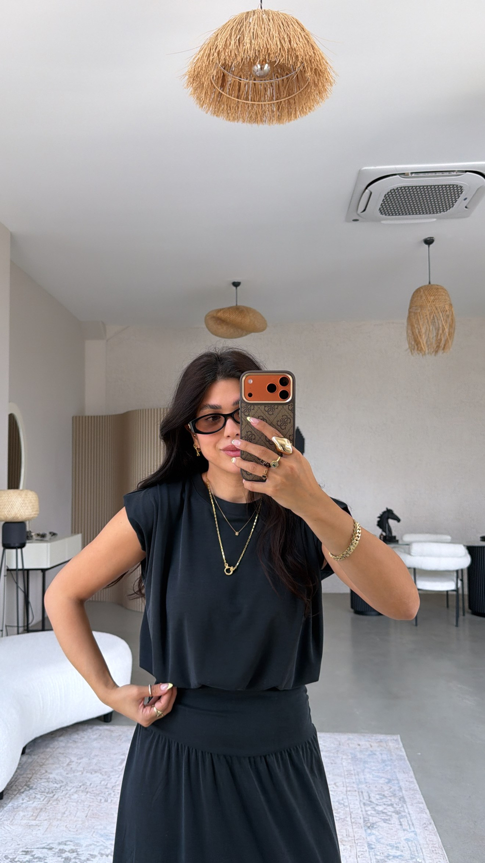 Siyah Pike Modal Drape Etek Bluz Takım
