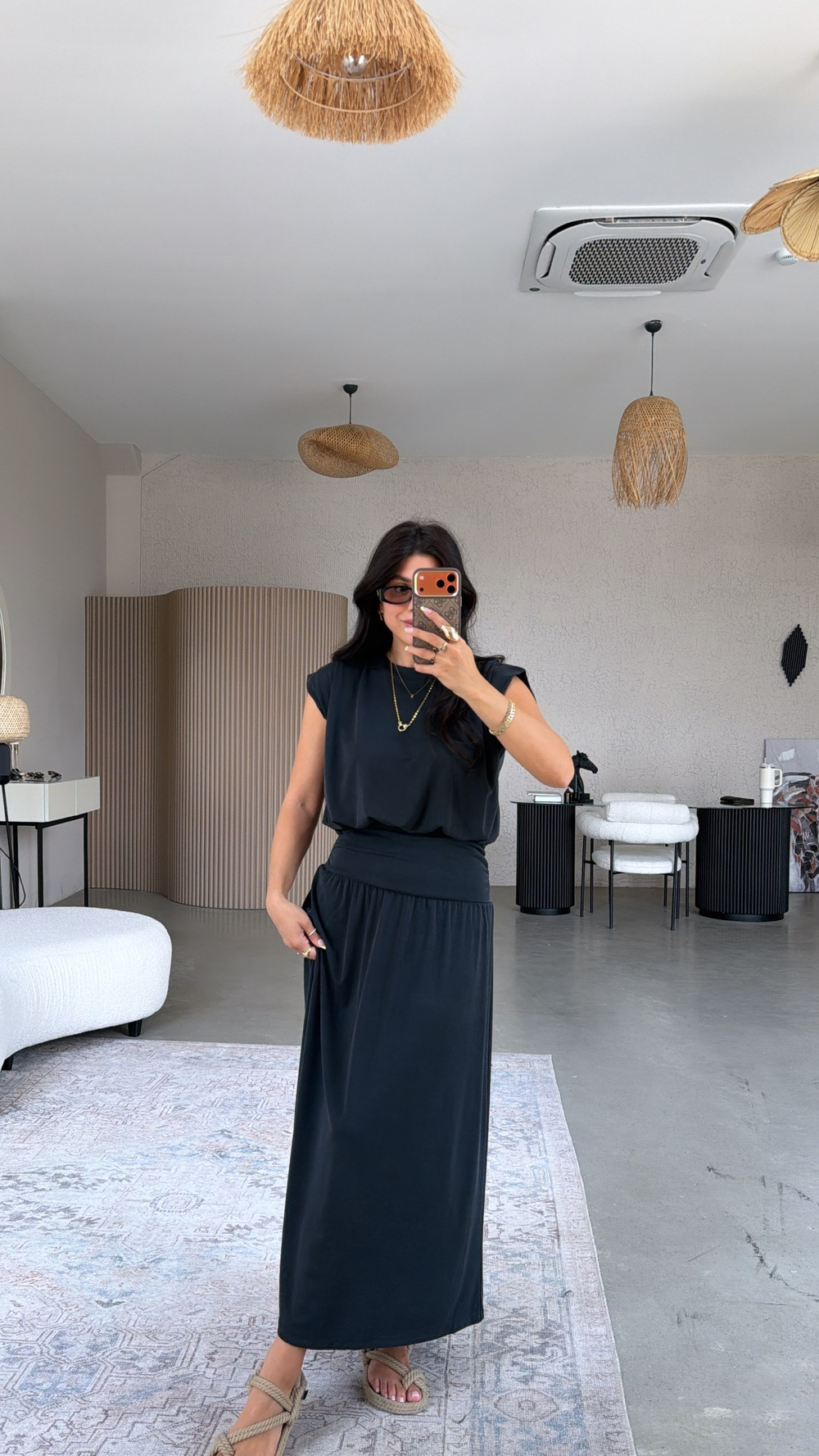 Siyah Pike Modal Drape Etek Bluz Takım