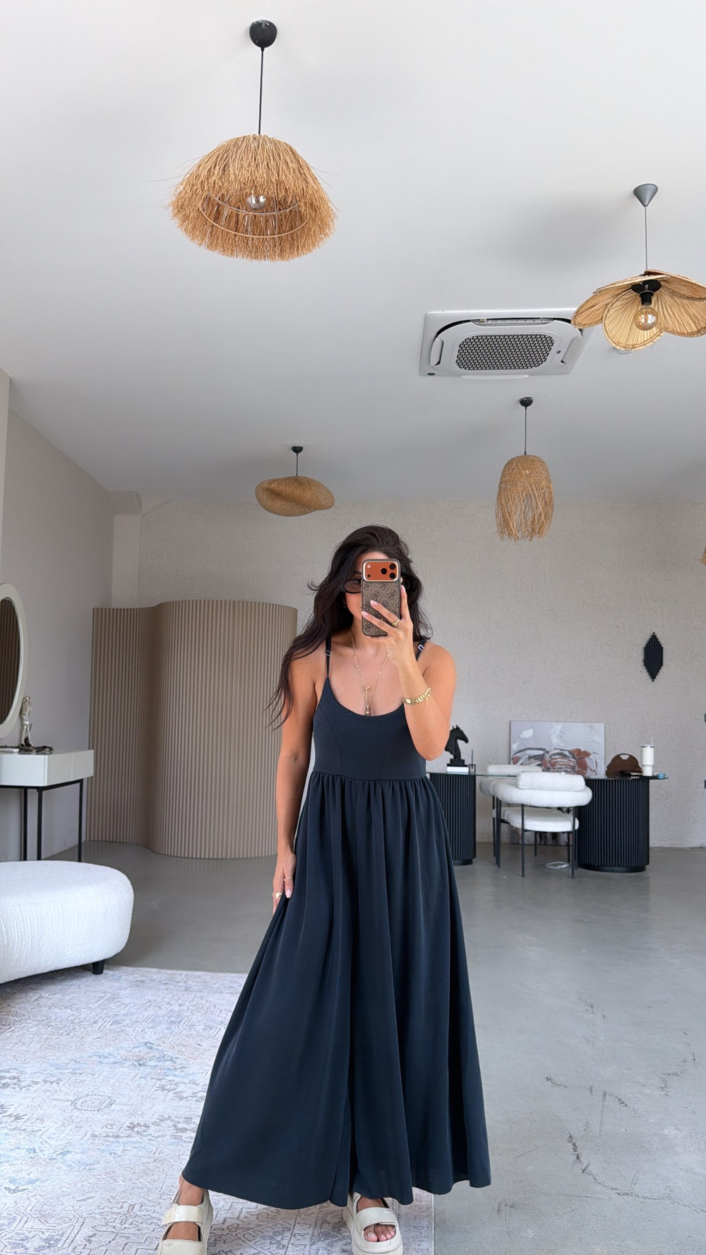 Siyah Pike Modal İnce Askılı Salaş Tulum