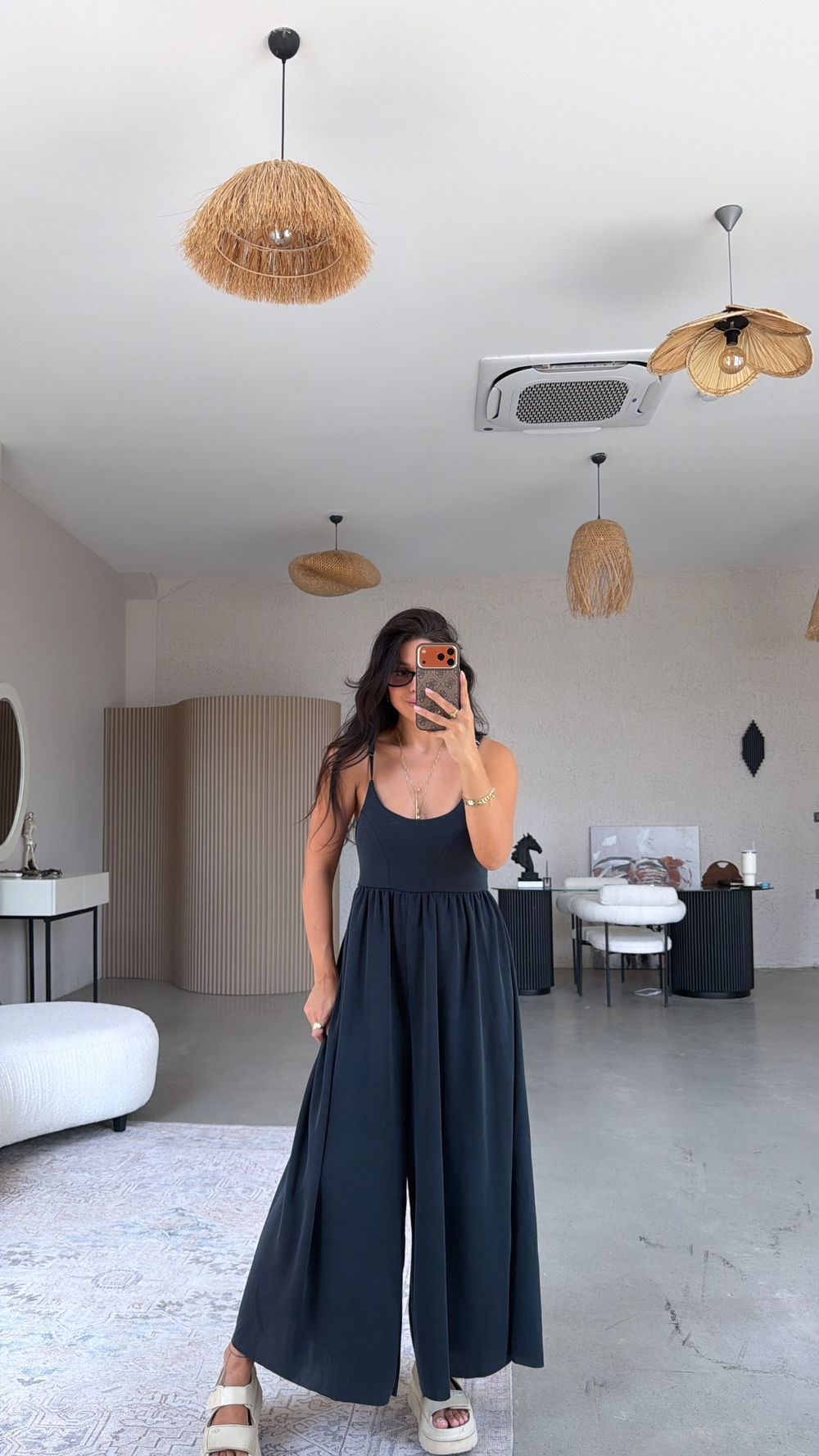 Siyah Pike Modal İnce Askılı Salaş Tulum