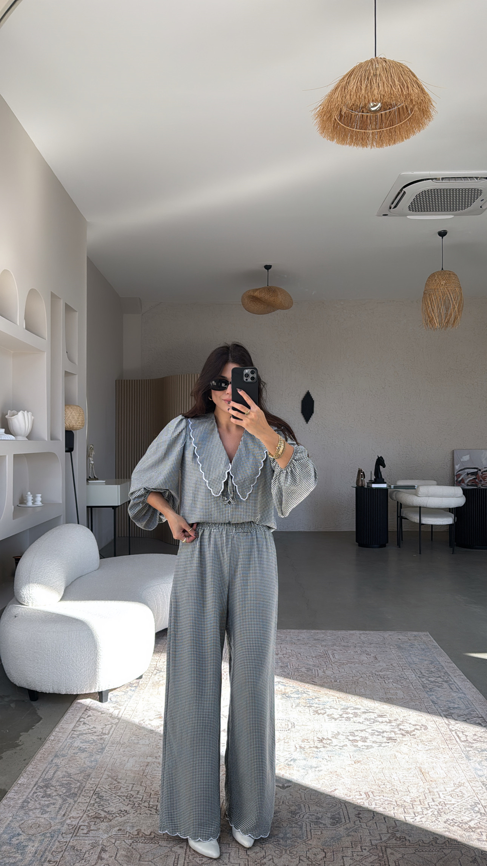 Siyah Pötikareli Romantik Pantolon Bluz Takım