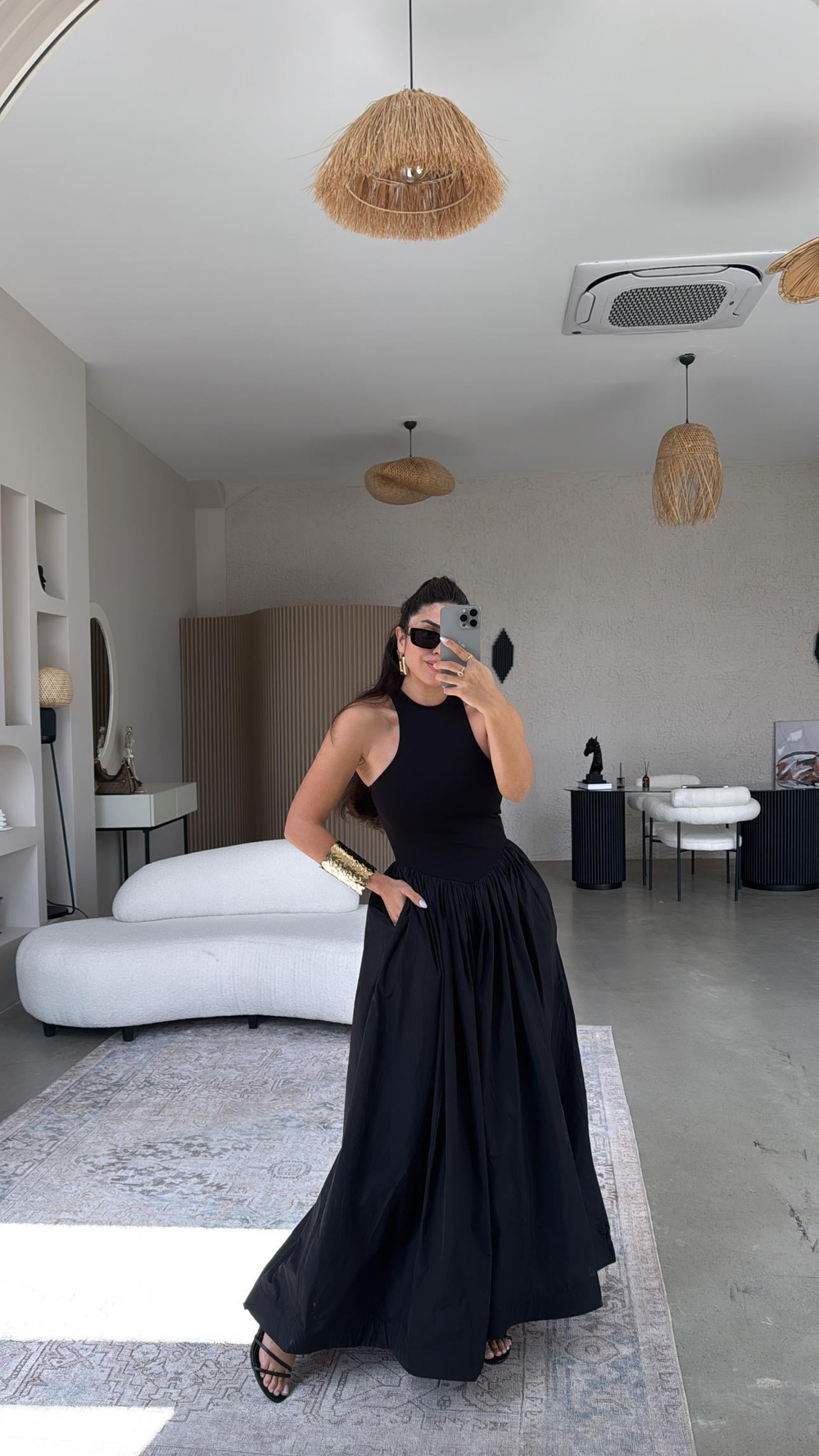 Siyah Premium Halter Yaka Tafta Elbise