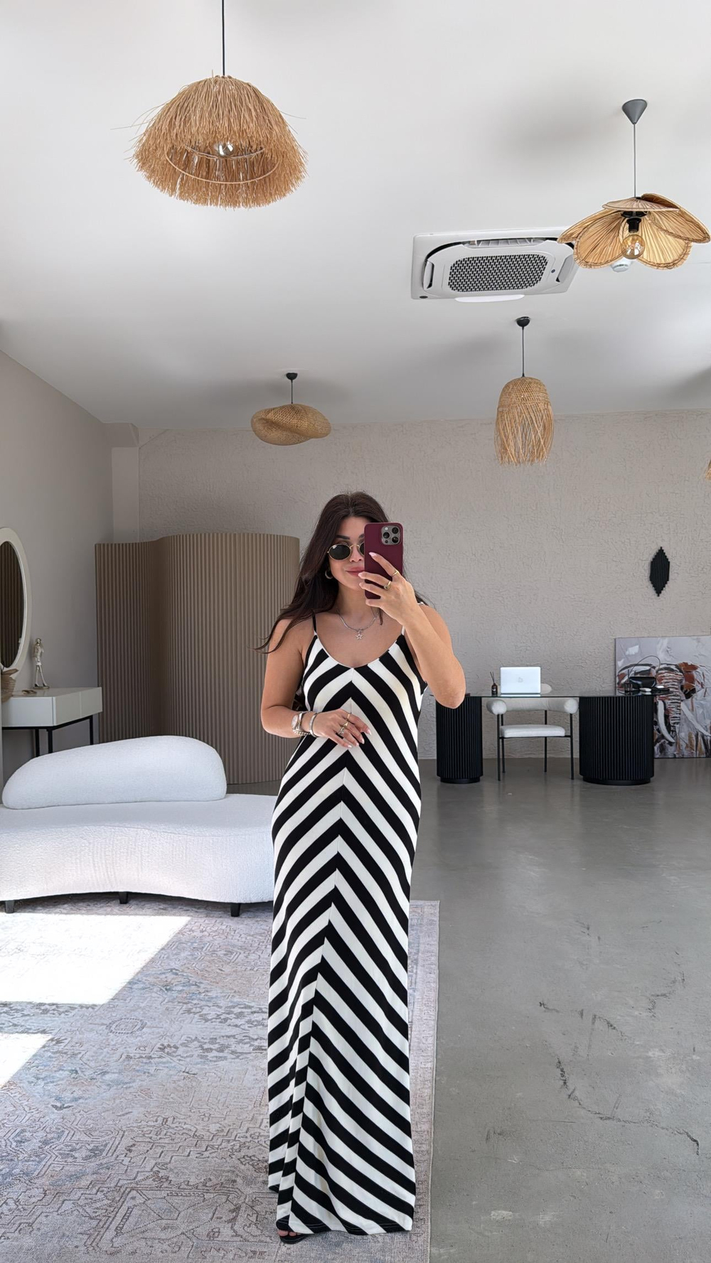 Siyah Şeritli Modal İp Askılı Elbise