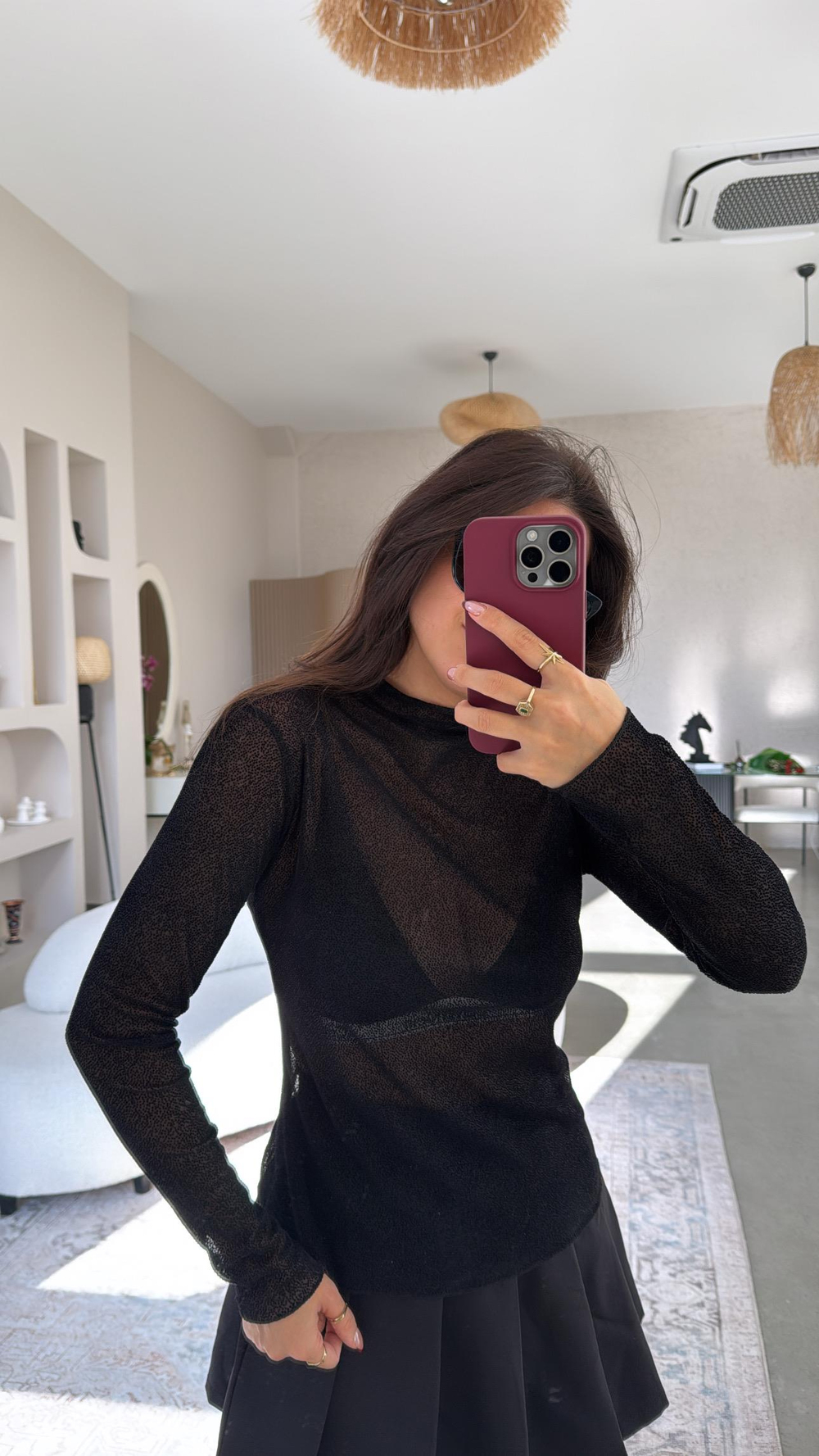 Siyah Simli Transparan Bluz