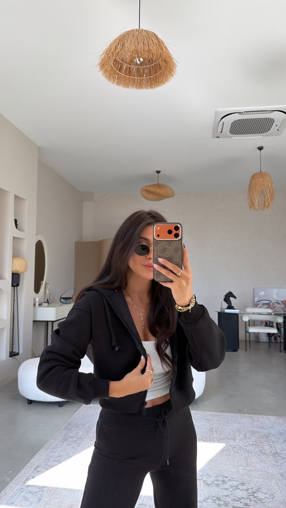 Siyah Üç İplik Fermuarlı Crop Hoodie