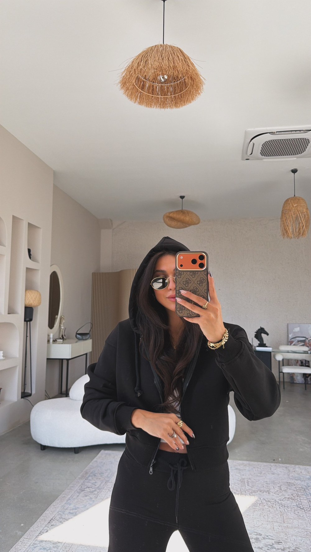 Siyah Üç İplik Fermuarlı Crop Hoodie