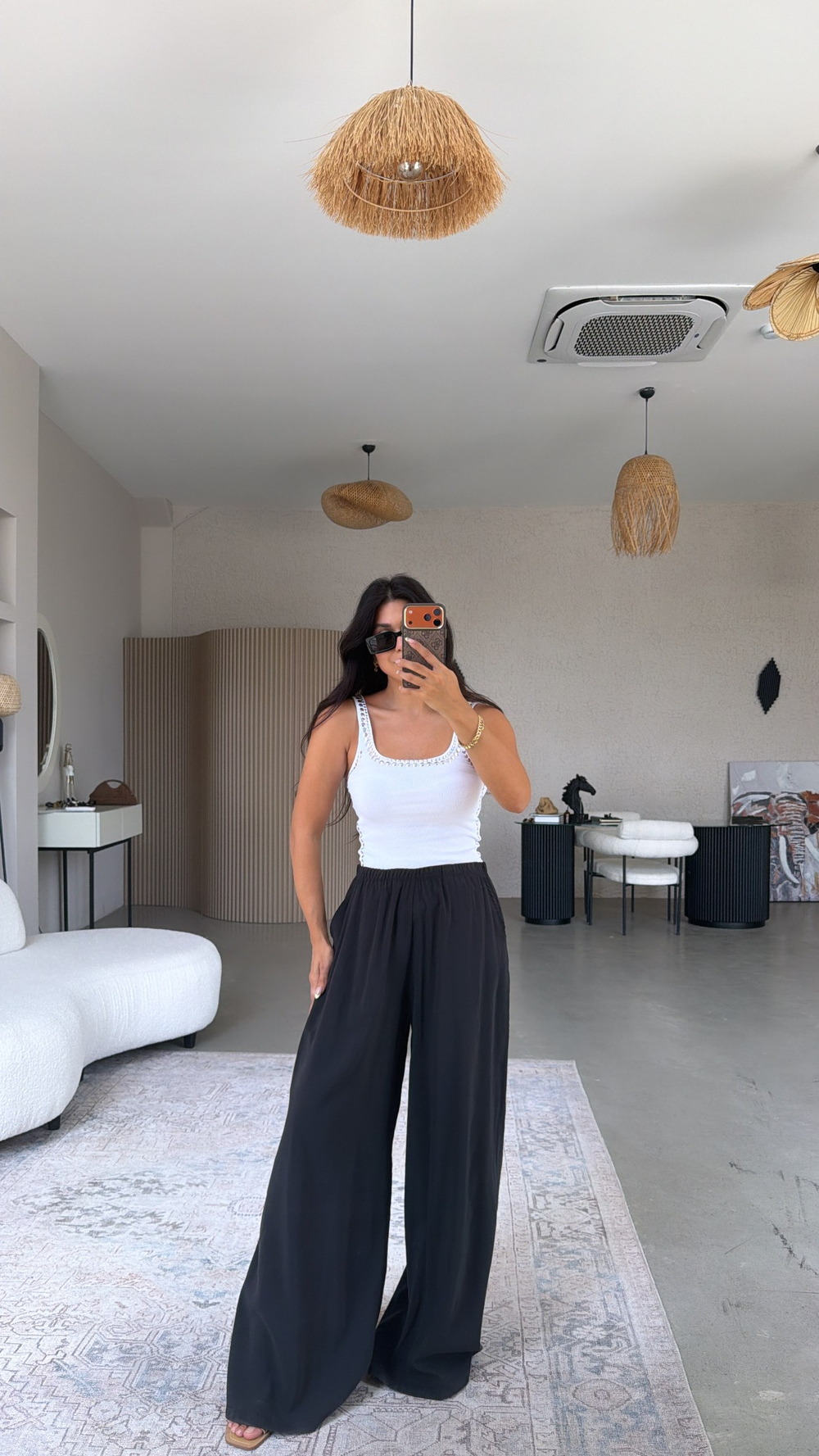Siyah Ultra Wide Leg Tensel Pantolon