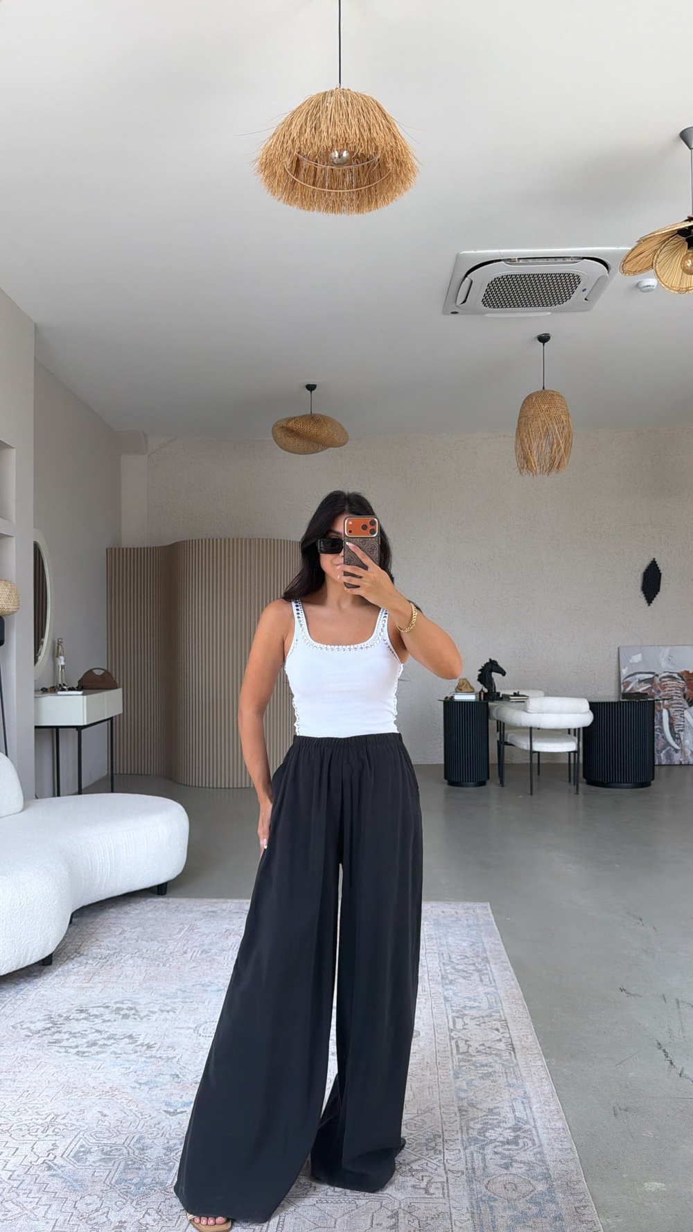 Siyah Ultra Wide Leg Tensel Pantolon
