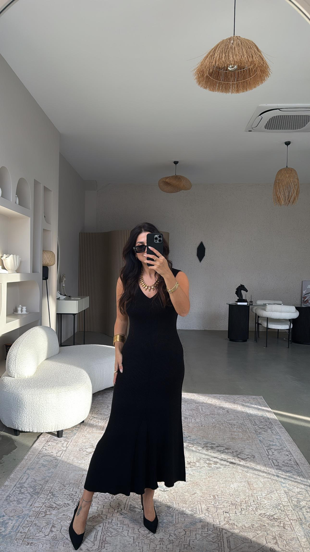 Siyah V Yaka Hafif Simli Triko Dlv Elbise