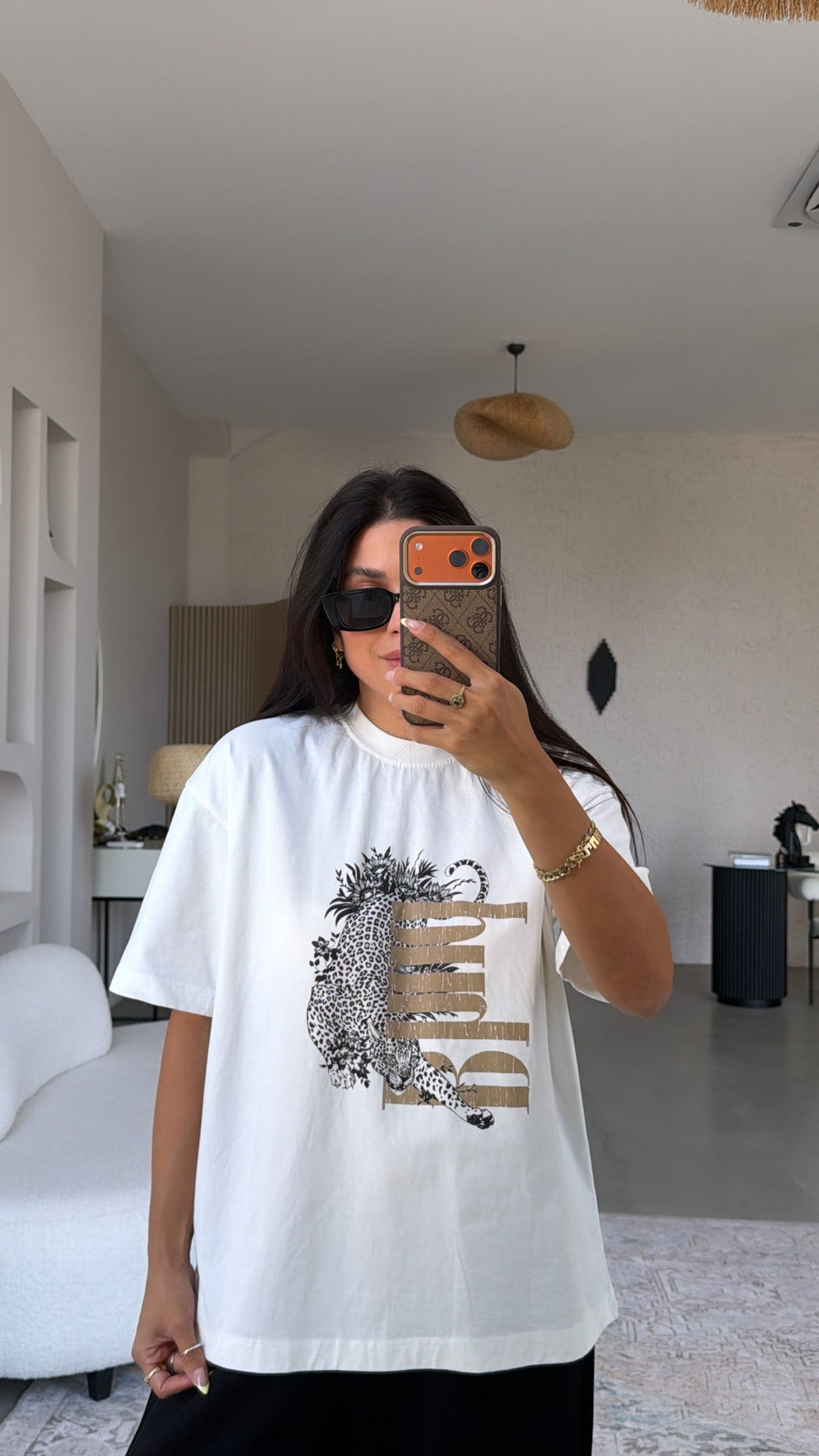 Siyahlı Kaplan Baskılı Pamuk Tshirt