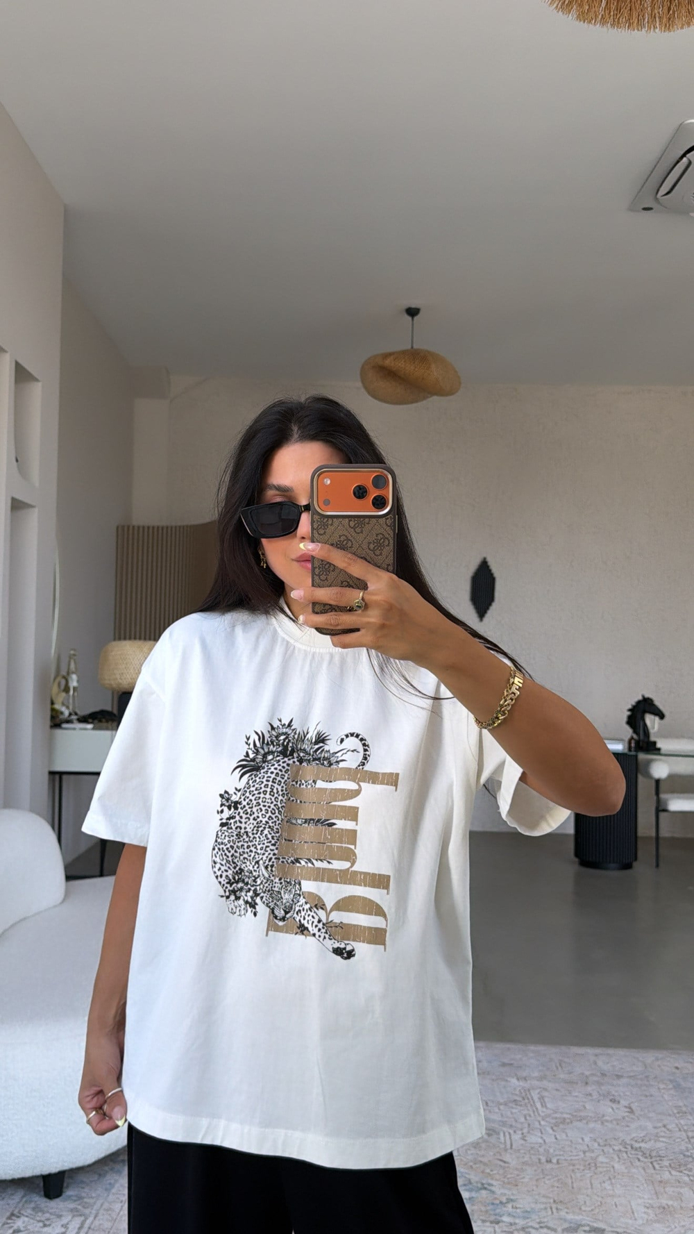 Siyahlı Kaplan Baskılı Pamuk Tshirt