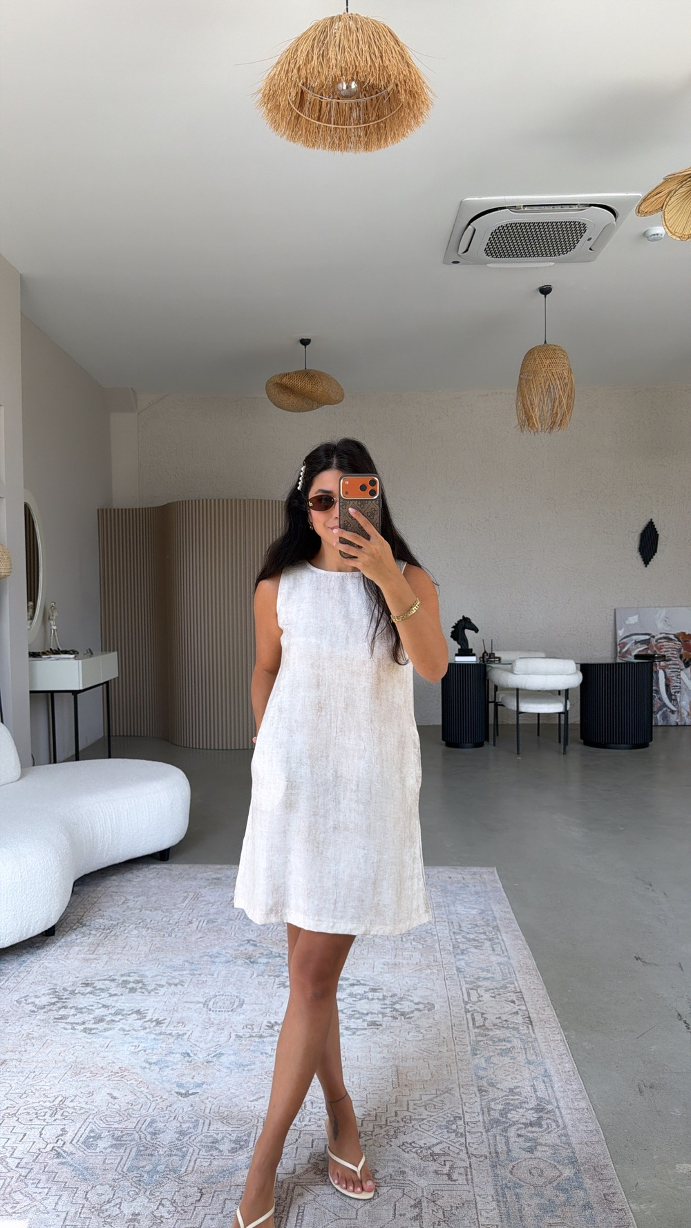 Taş Rengi Basic Yıkamalı Kumaşlı Elbise