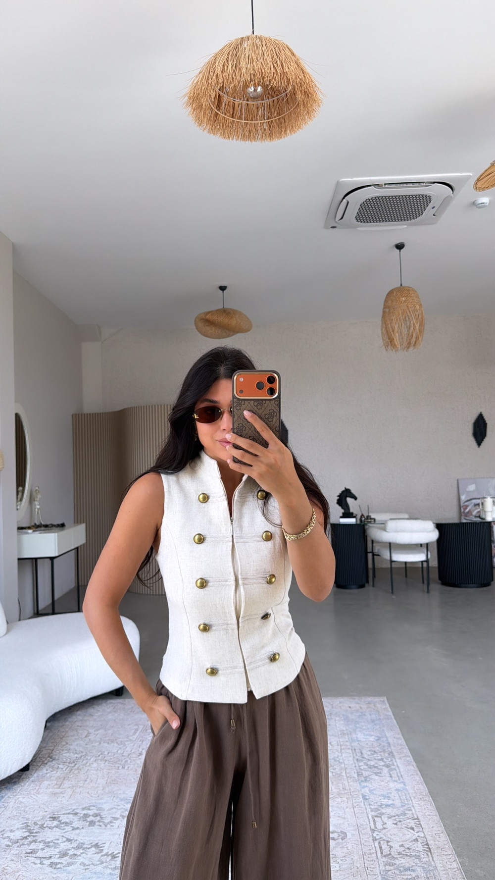 Taş Rengi Keten Düğmeli Fermuarlı ZR Model Bluz