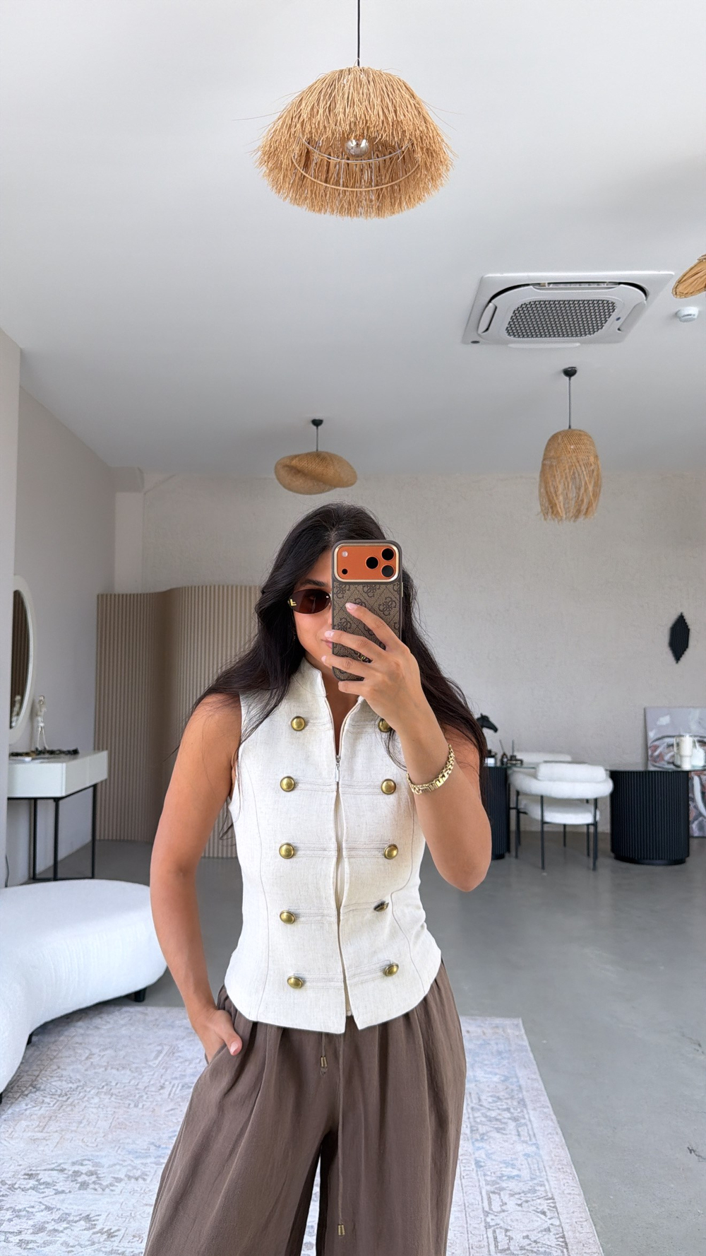 Taş Rengi Keten Düğmeli Fermuarlı ZR Model Bluz