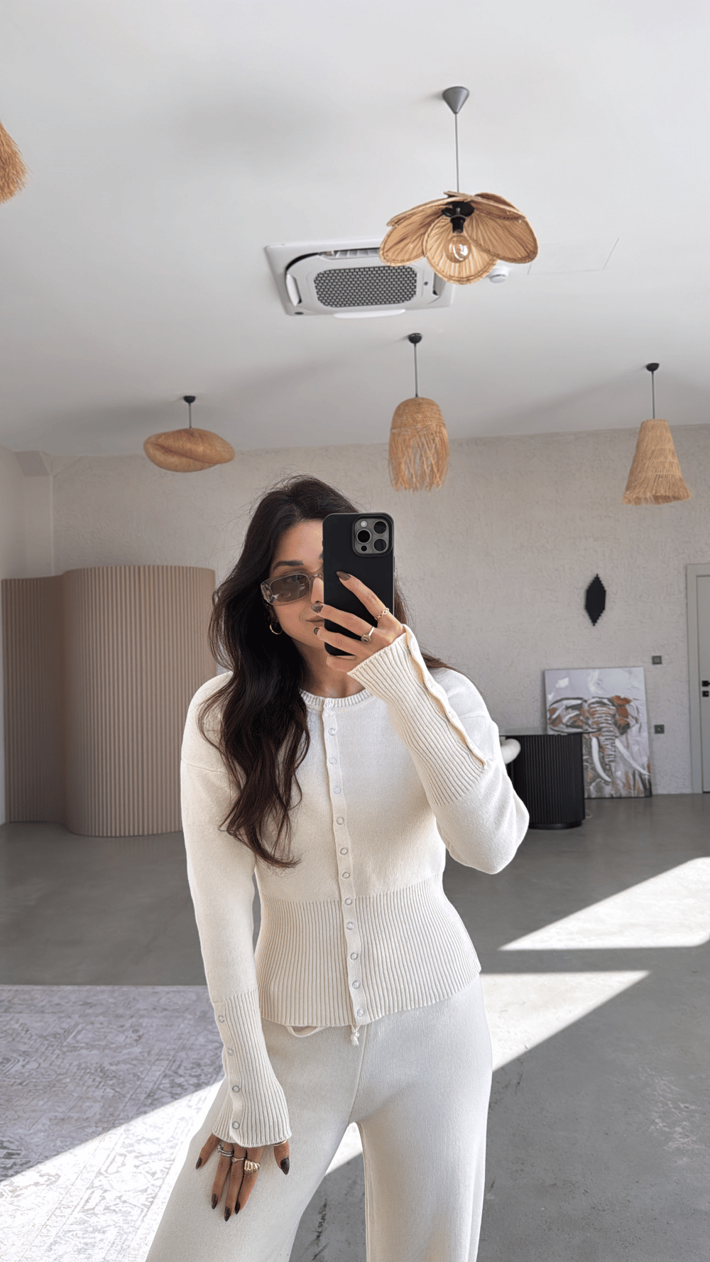 Taş Rengi Triko Çıtçıtlı Pantolon Hırka Takım