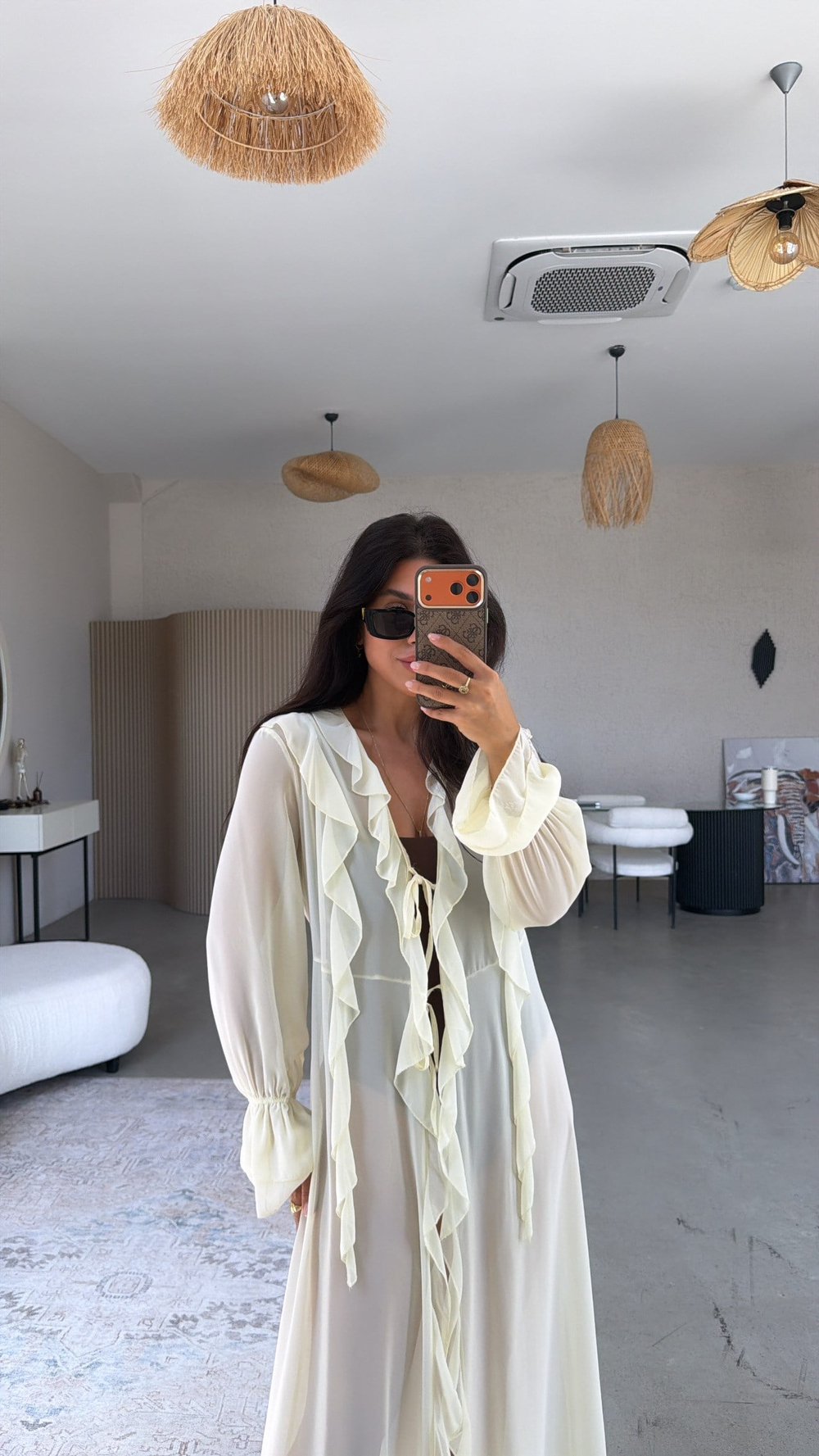 Vanilya Fırfırlı Şifon Uzun Pareo Ceket