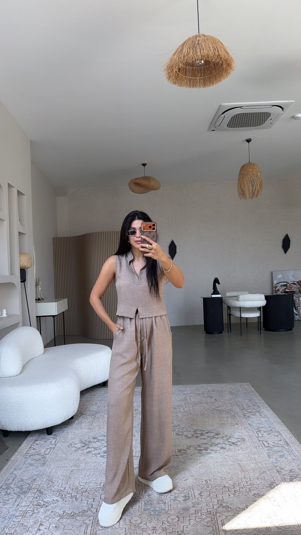 Vizon Gümüş Aksesuarlı Pantolon Bluz Takım