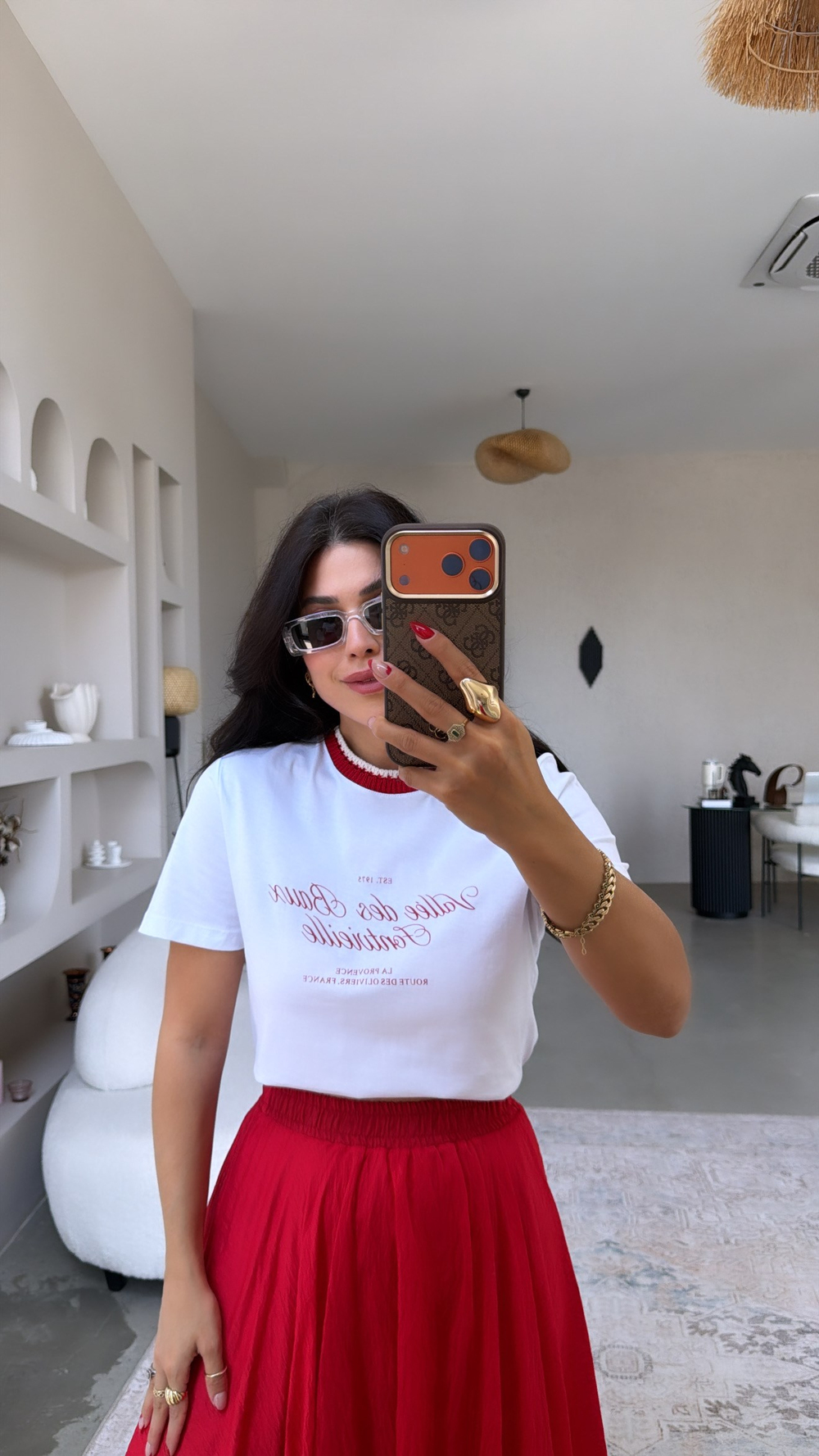 Yaka Kırmızı Triko Detaylı Kırmızı Yazılı Pamuklu Tshirt