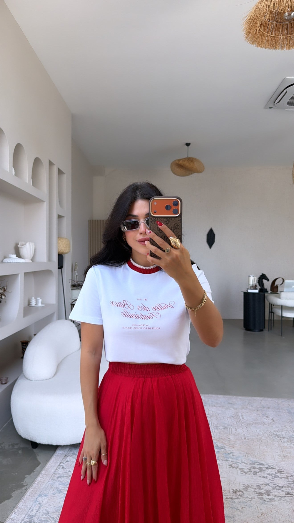 Yaka Kırmızı Triko Detaylı Kırmızı Yazılı Pamuklu Tshirt
