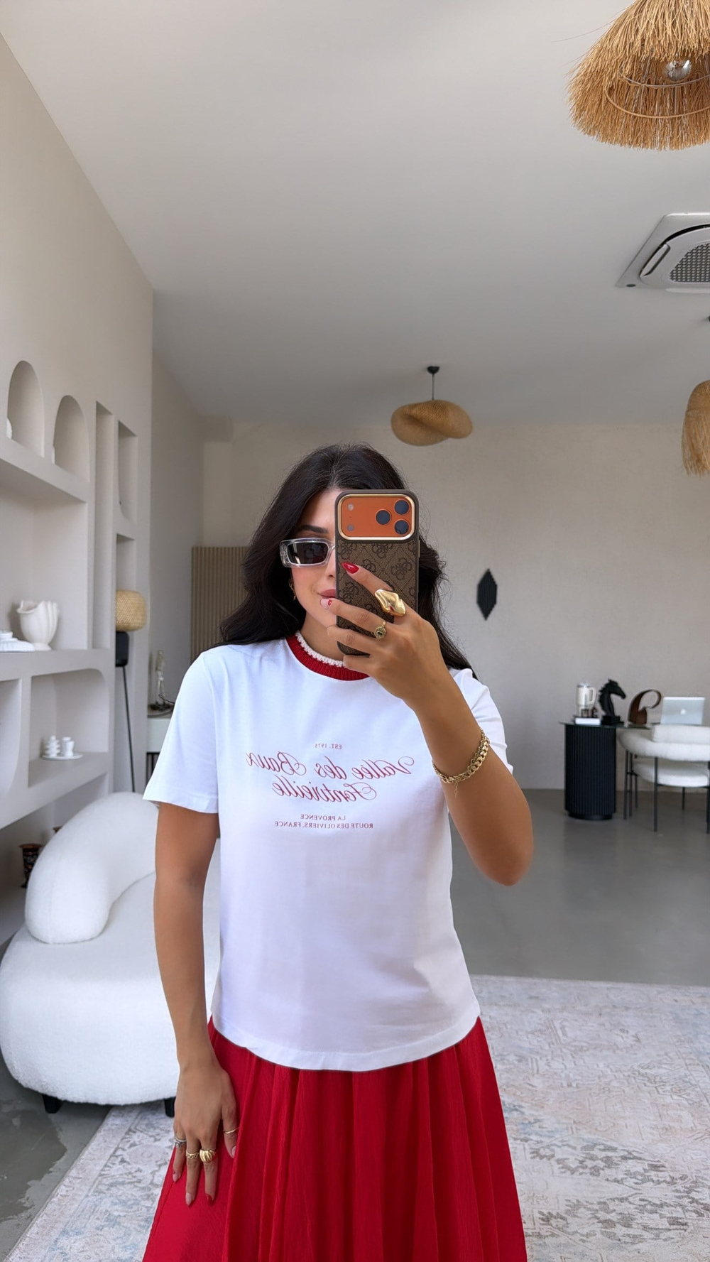Yaka Kırmızı Triko Detaylı Kırmızı Yazılı Pamuklu Tshirt