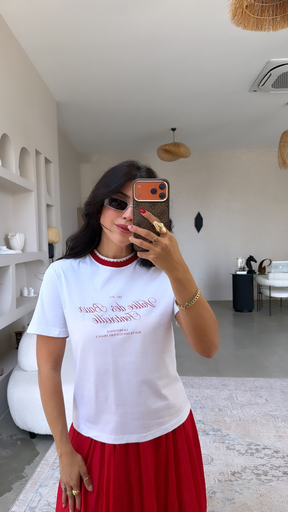 Yaka Kırmızı Triko Detaylı Kırmızı Yazılı Pamuklu Tshirt