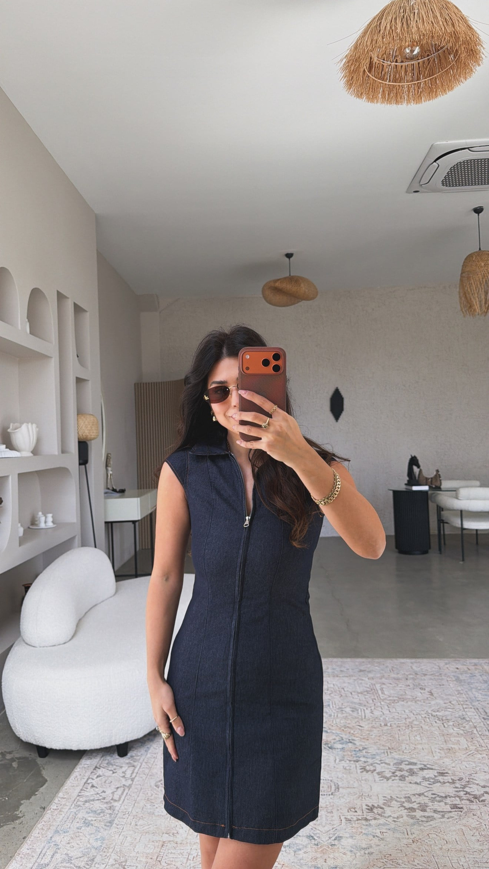 Yakalı Boy Fermuarlı Lacivert Denim Elbise