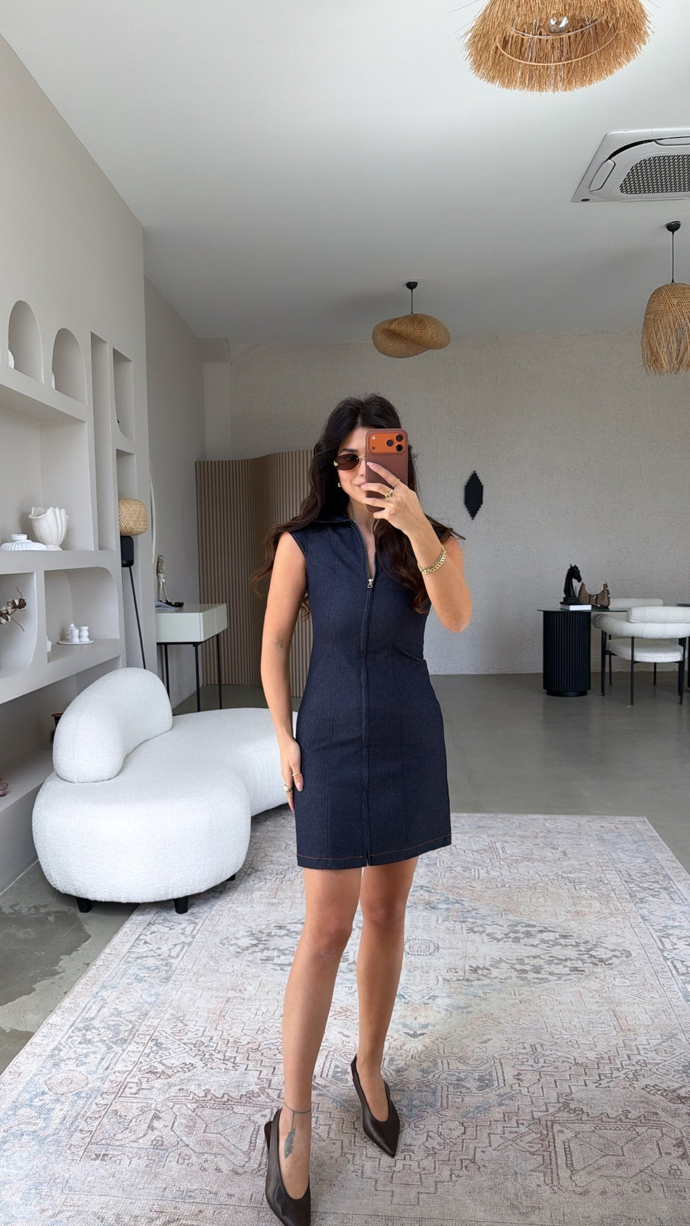 Yakalı Boy Fermuarlı Lacivert Denim Elbise
