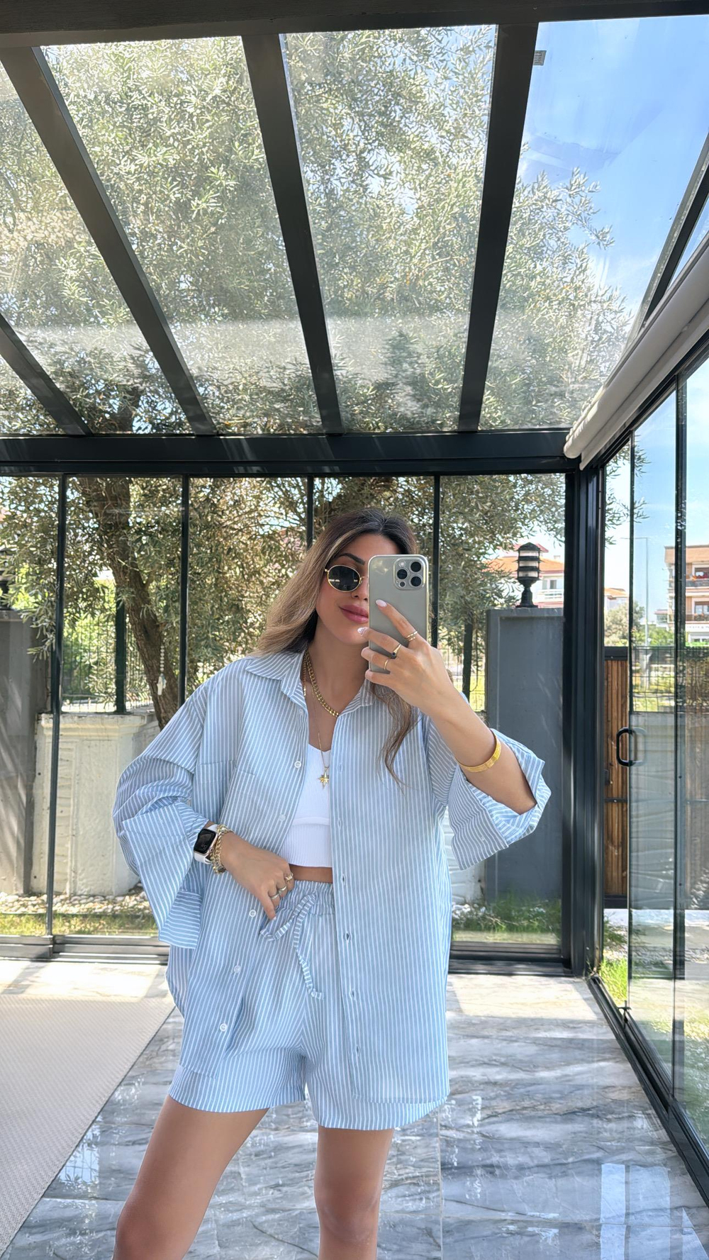 Yeşil Çizgili Poplin Şortlu Takım