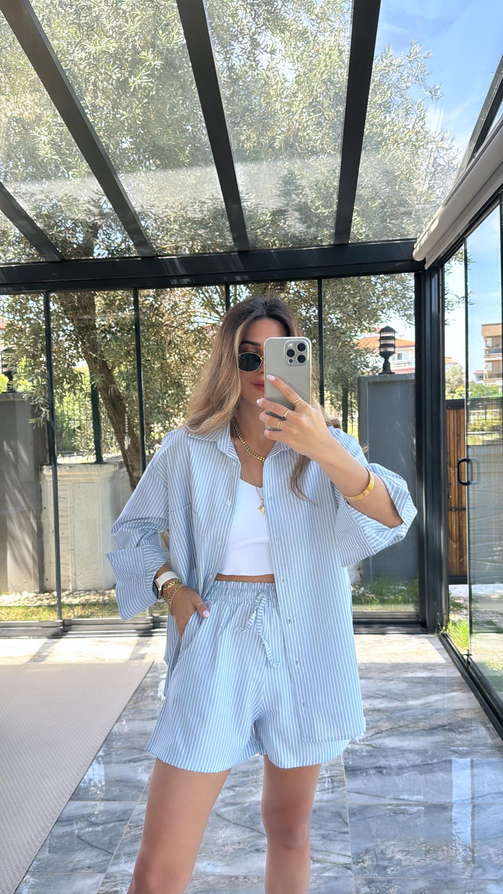Yeşil Çizgili Poplin Şortlu Takım