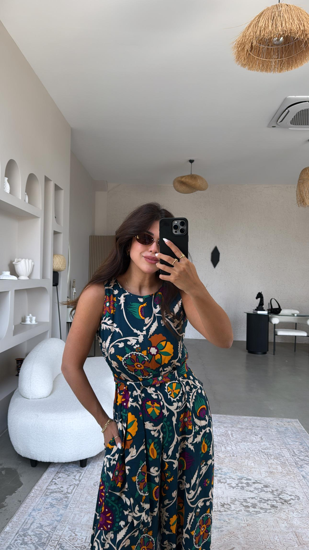 Yeşil Desenli Bol Paça Tulum