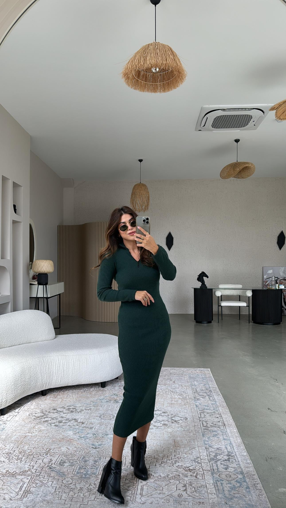 Yeşil Fermuarlı Triko Kalem Elbise