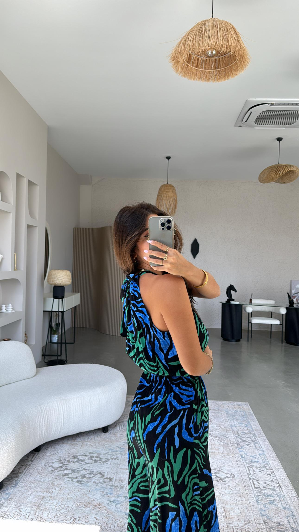 Yeşil Mavi Desenli Halter Yaka Tulum