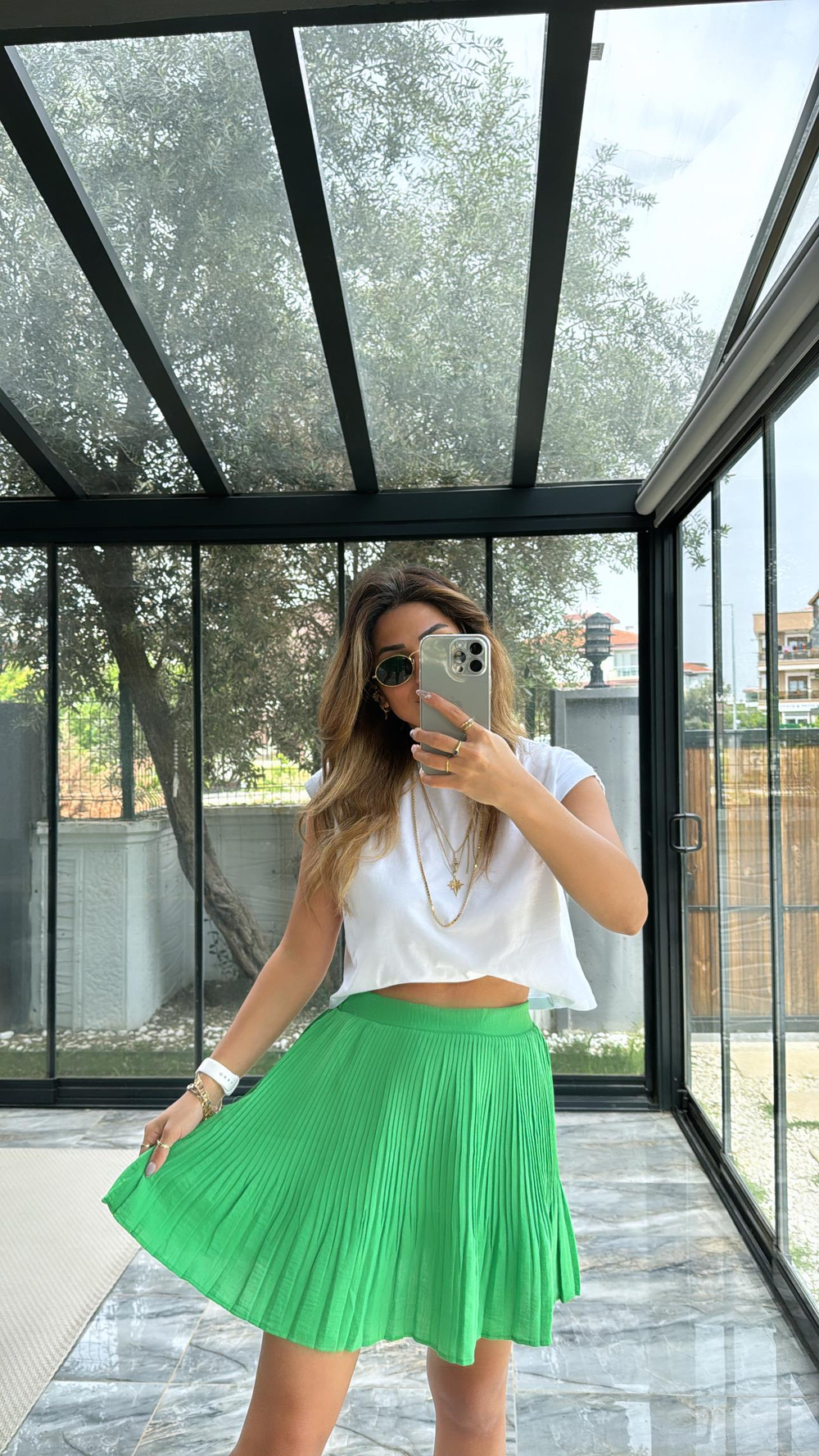 Yeşil Piliseli Şortlu Etek
