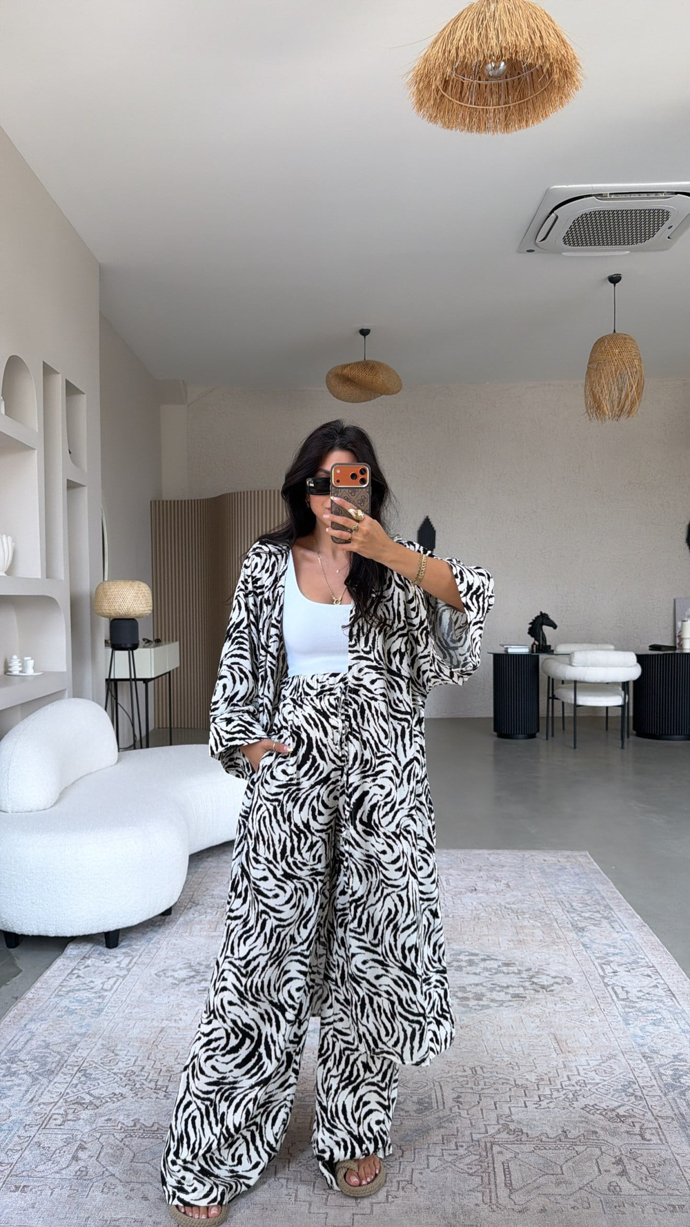 Zebra Desenli Viskon Kimono Pantolon