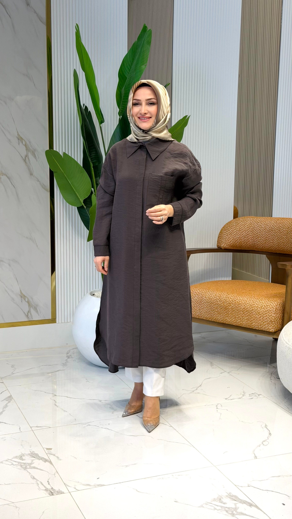 Armine Trend 26YT419 Cep D Toka Uzun Boy Tunik - Kahverengi