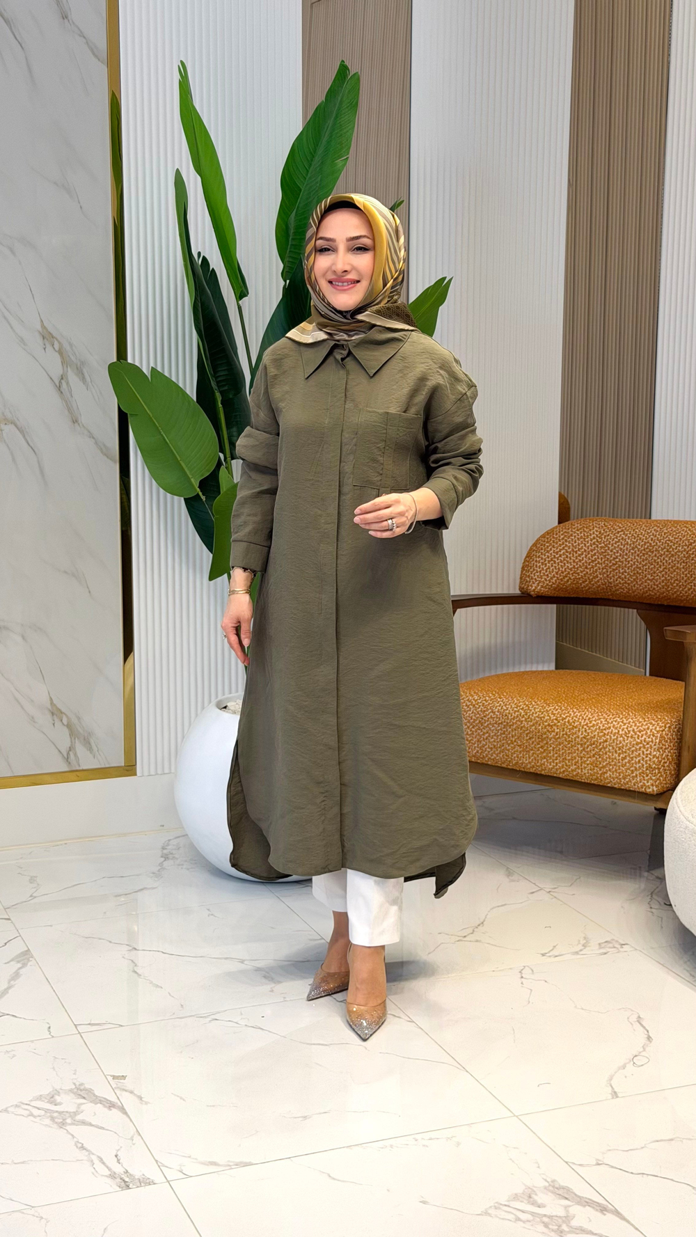 Armine Trend 26YT419 Cep D Toka Uzun Boy Tunik - Haki